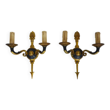 Pair of wall sconces in the Empire style with double lights in bronze.