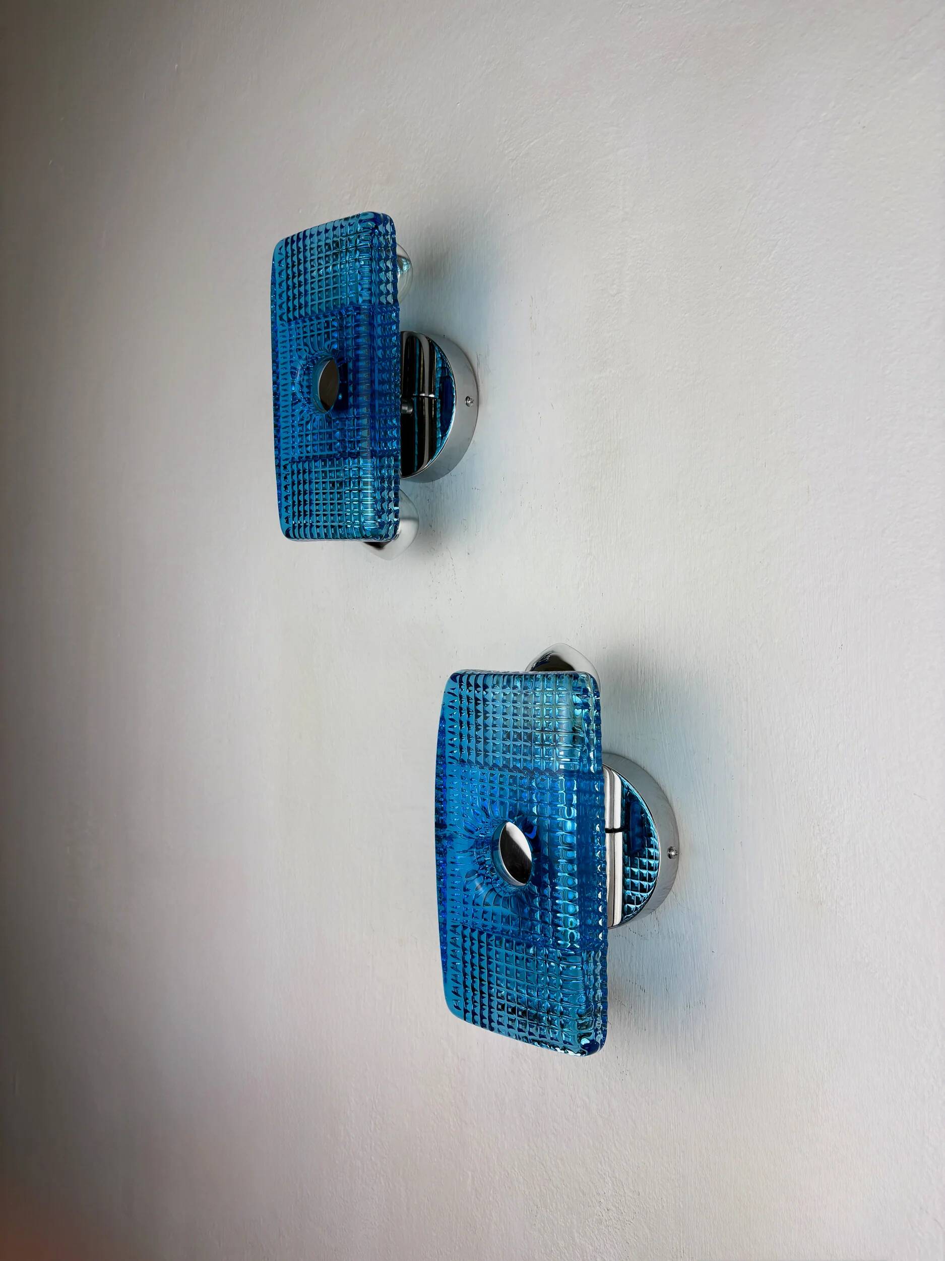 Pair of Space Age Blue Murano Glass Wall Sconces, Italy 1970s