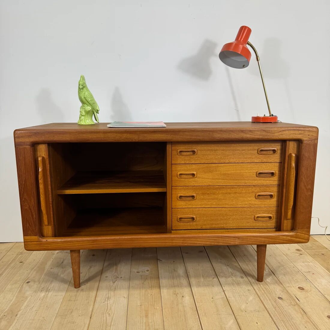 Dyrlund buffet in teak with sliding doors and interior drawers, Denmark 1960.