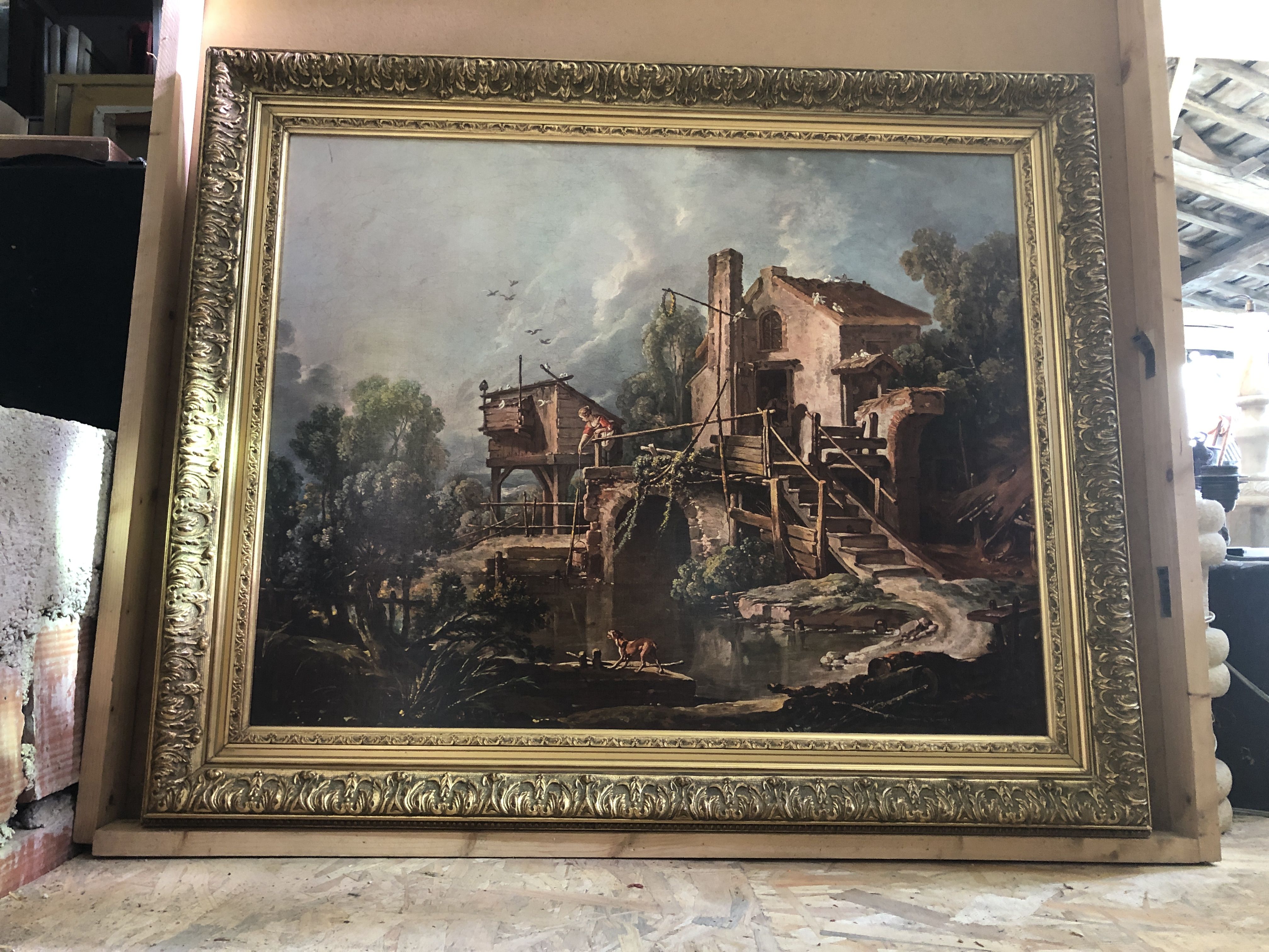 Old painting print on canvas + frame carved wood Gilded Vintage