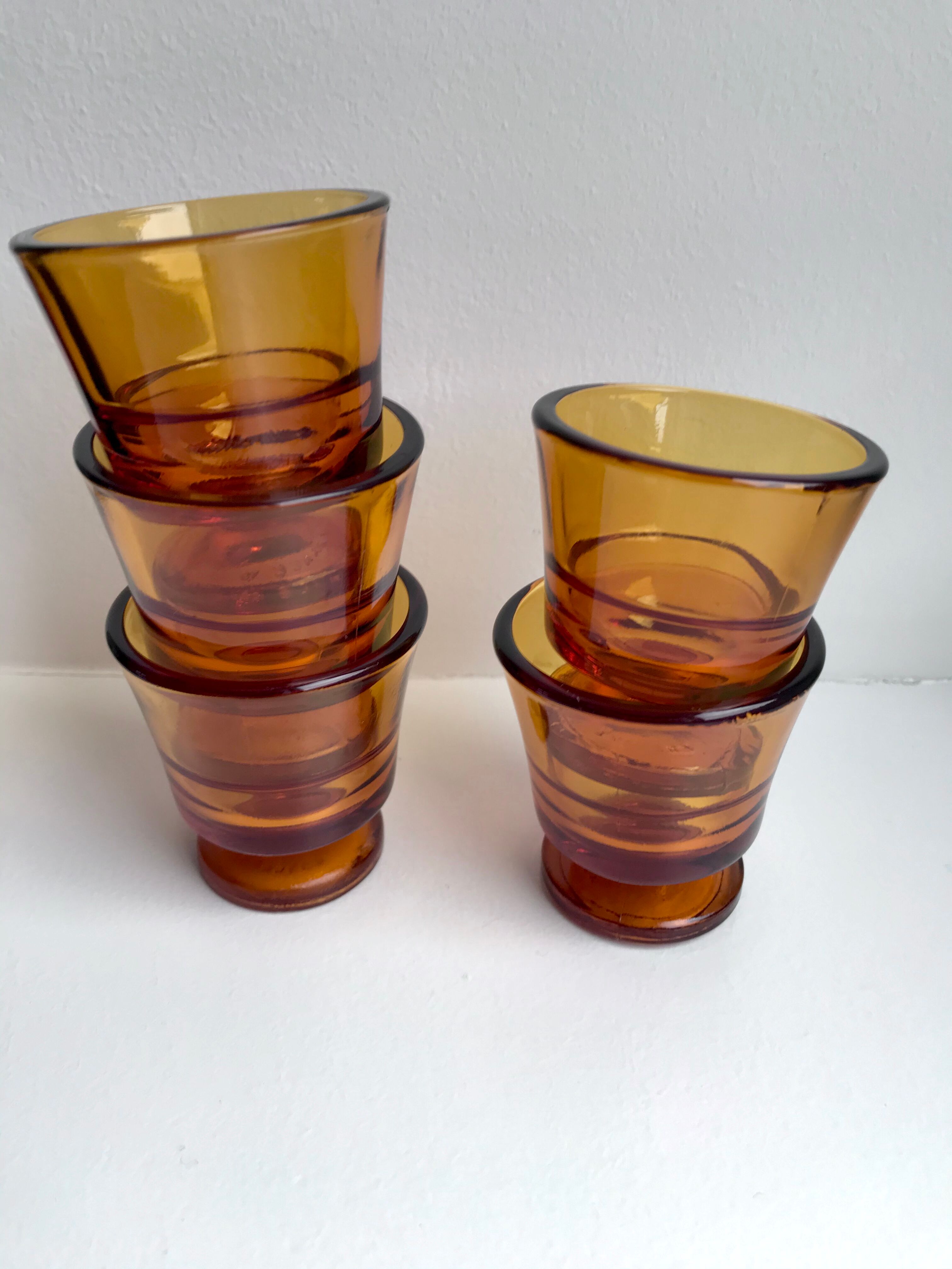 Set of 5 amber liquor glasses in duralex 60s molded glass