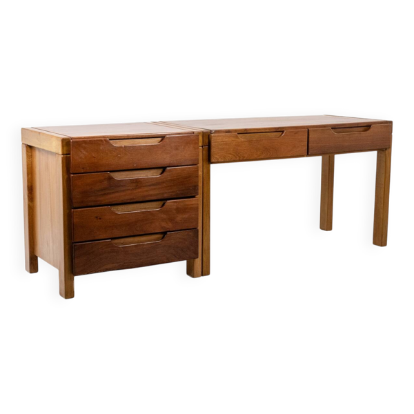 Flat desk with elm wood base, 6 drawers on the front. 1970s