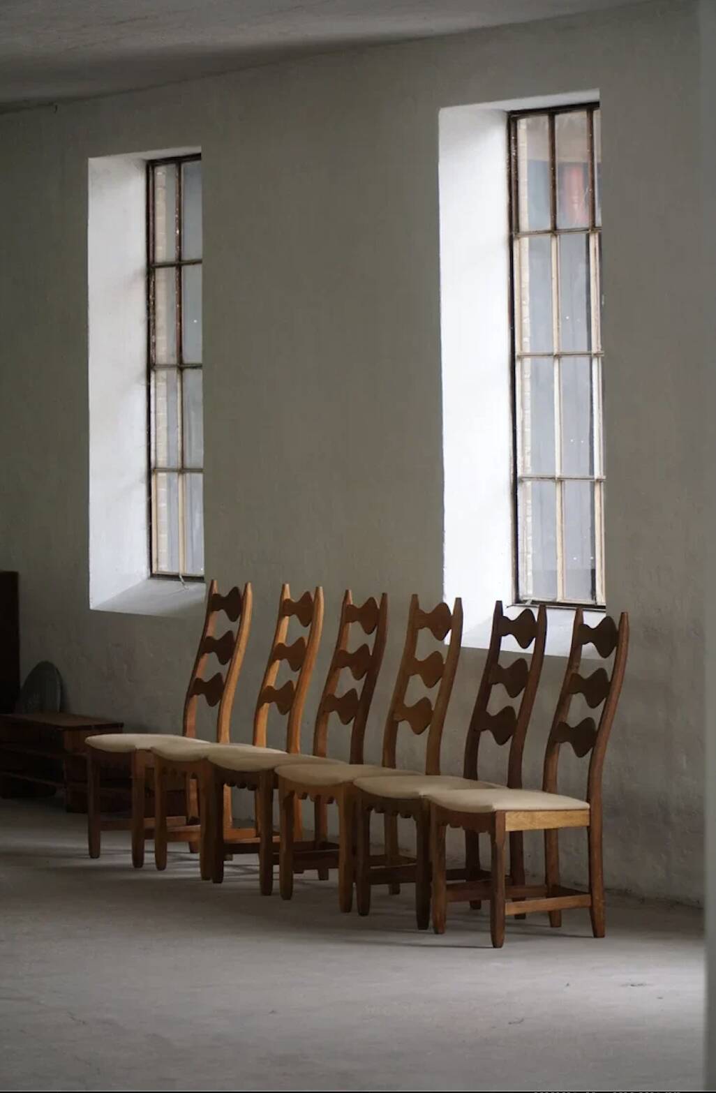 Set of 6 Henning Kjærnulf Oak Dining Chairs with Hessian Upholstery, Denmar