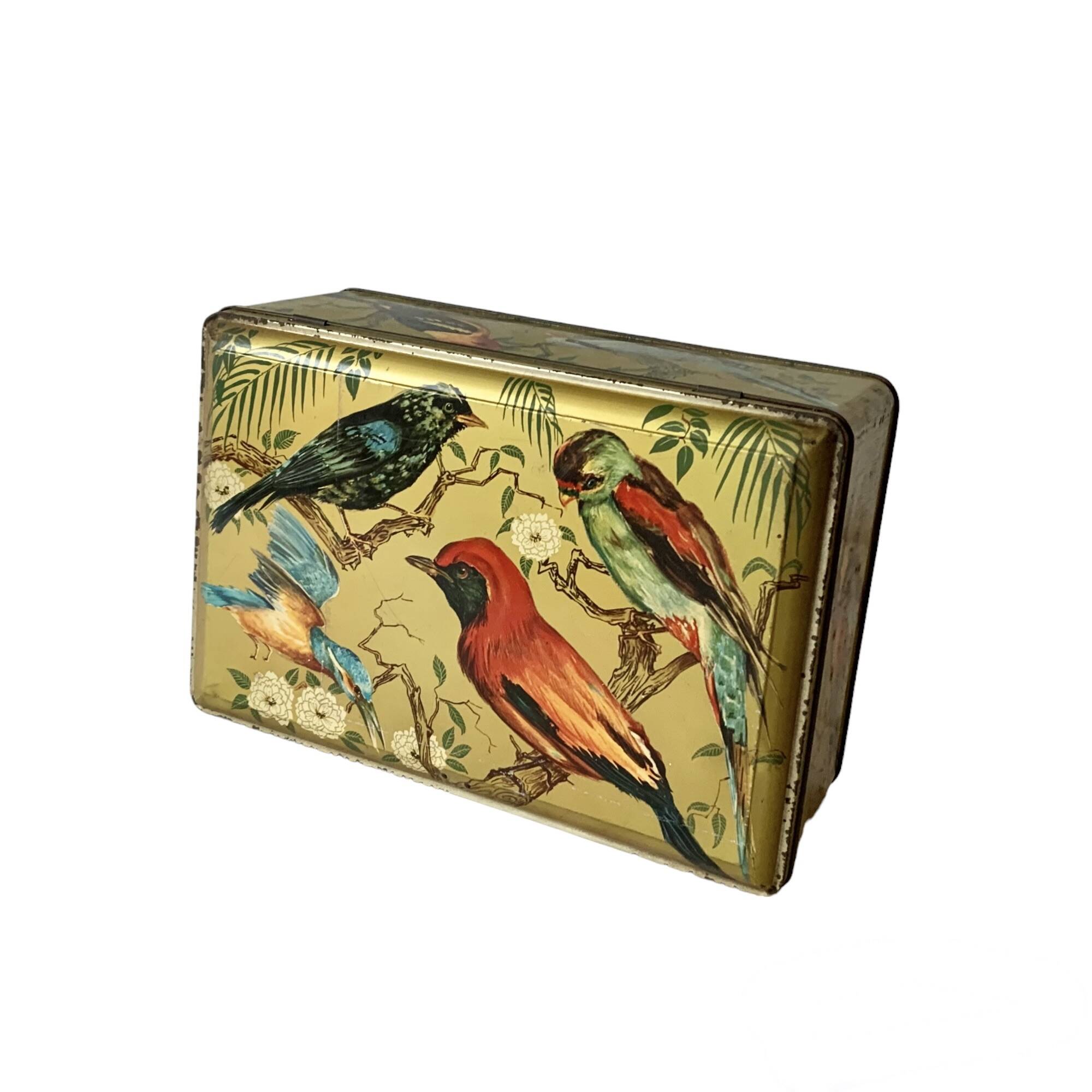 Large metal box - lithograph signed M. Beaudet - bird decoration