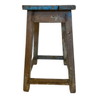 Ancien tabouret d'atelier en teck birman patine teck-écrue d'origine