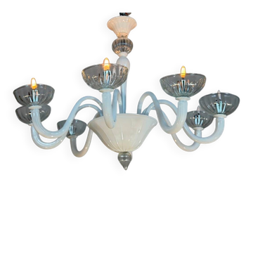 Lustre vénitien en verre de Murano blanc et incolore, vers 1990