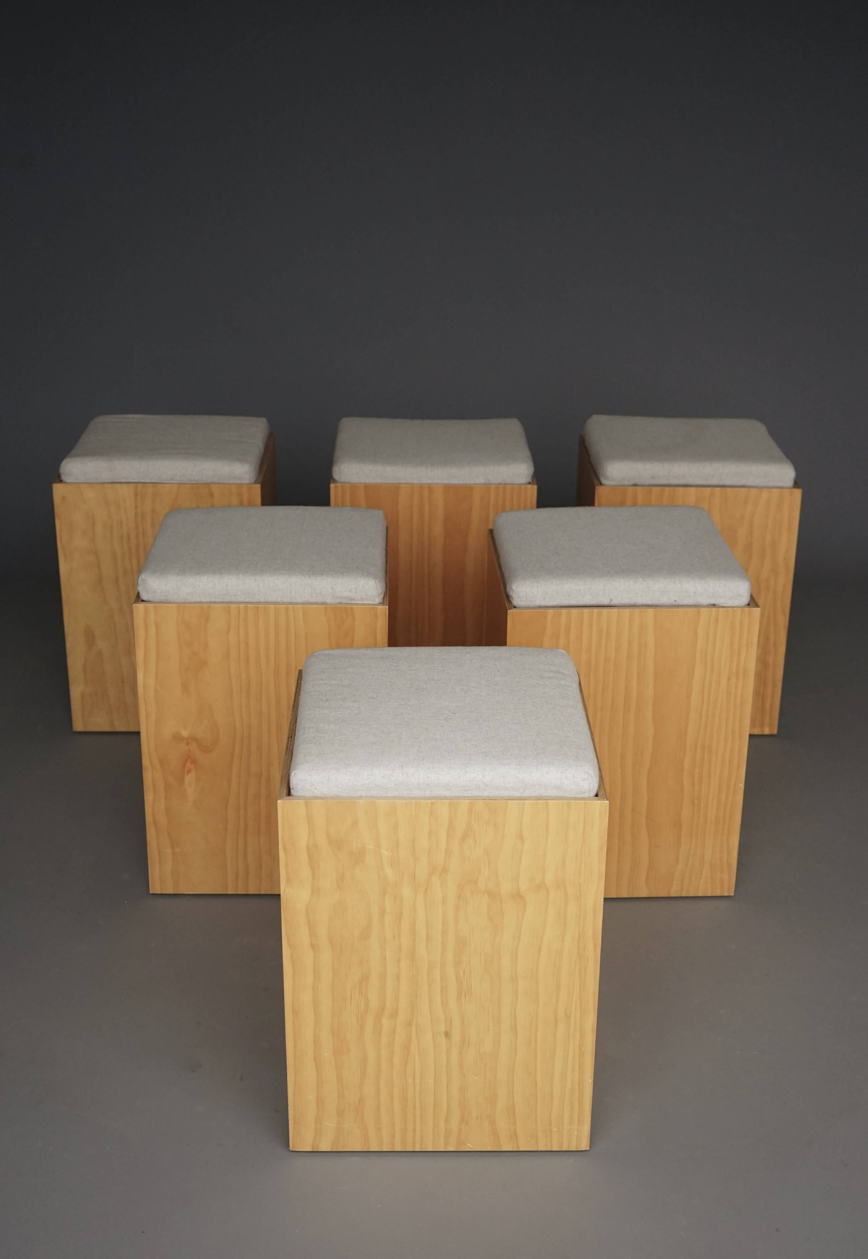 6 minimalist plywood stools with cushions, 1990s