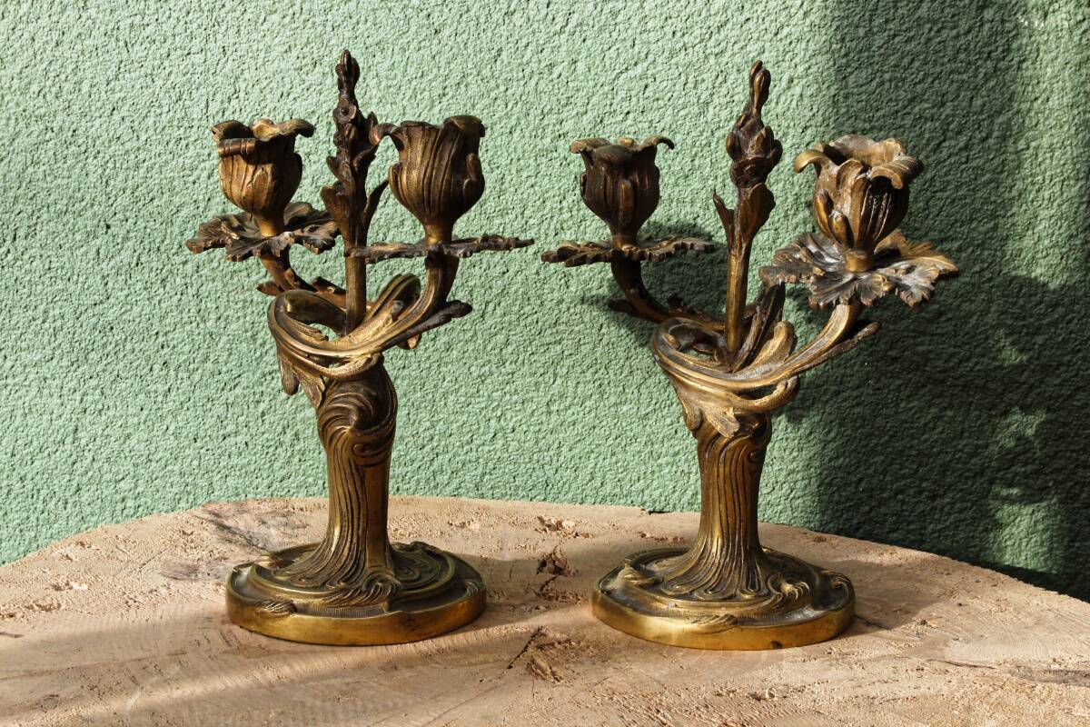Pair of bronze candlesticks, rococo, 2 lights