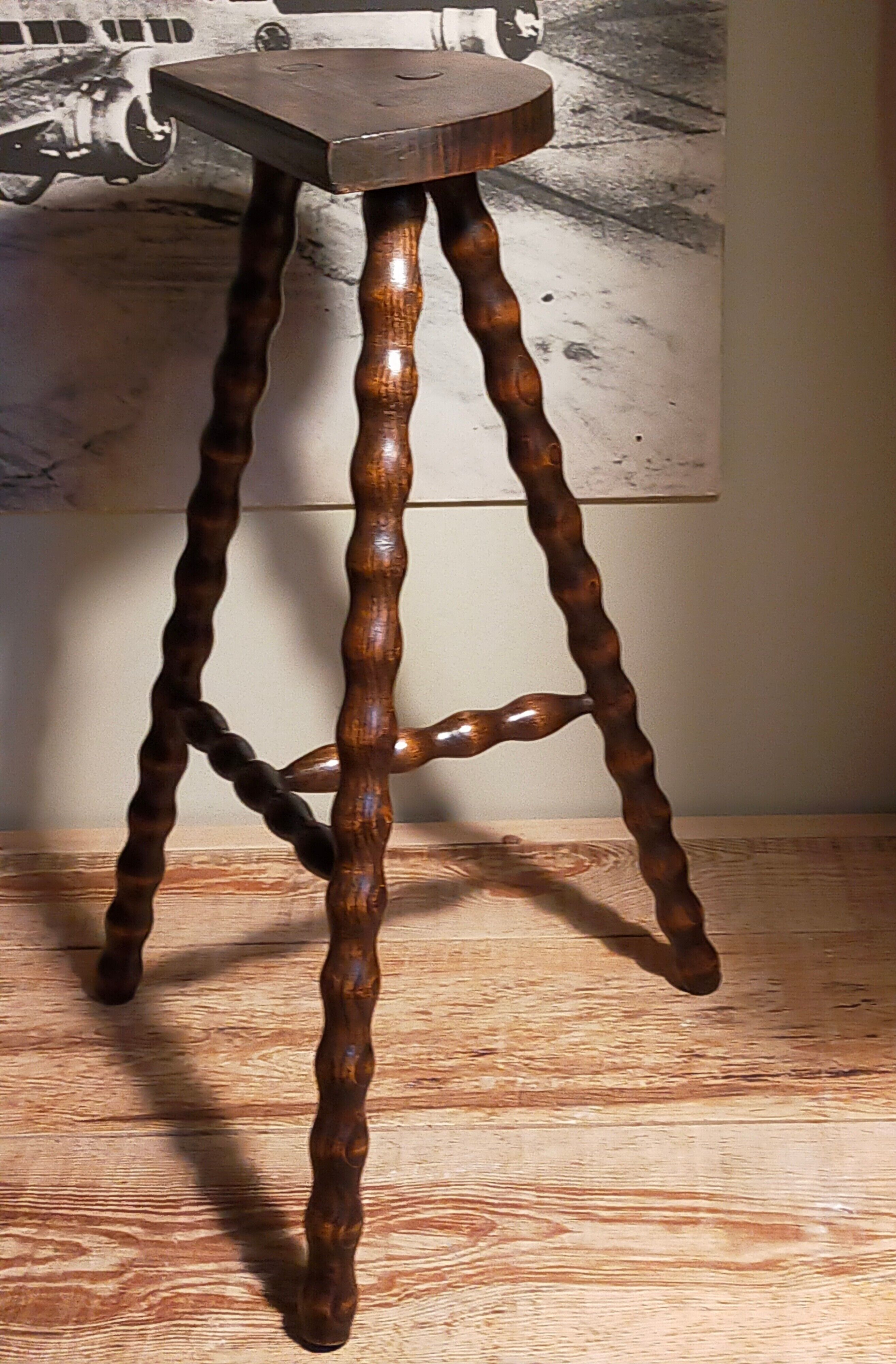 Stool high tripod solid wood turned vintage