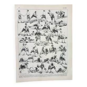 Gravure ancienne 1898, Lutte, sport de combat, boxe • Lithographie, Planche originale