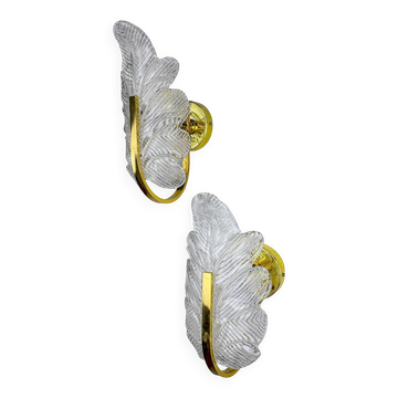 Pair of Italian leaf wall sconces, frosted Murano glass & gilt details, circa 1970s