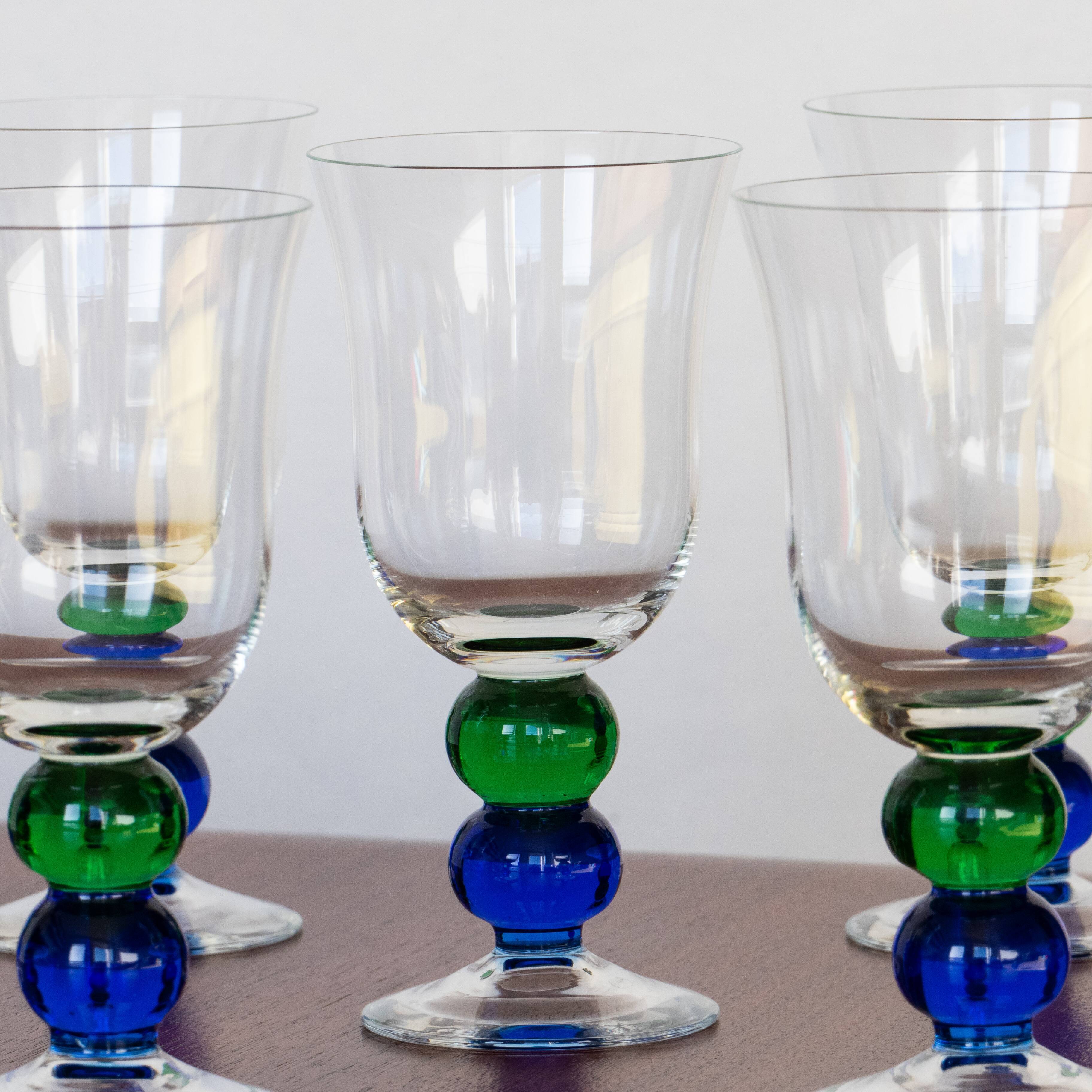 6 vintage crystal stemmed glasses, green and blue bubble foot