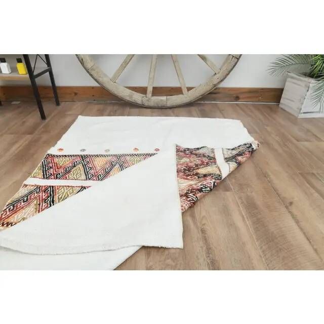 1970s Vintage Turkish Handmade Wool Cotton Beige Kilim Rug 108x151