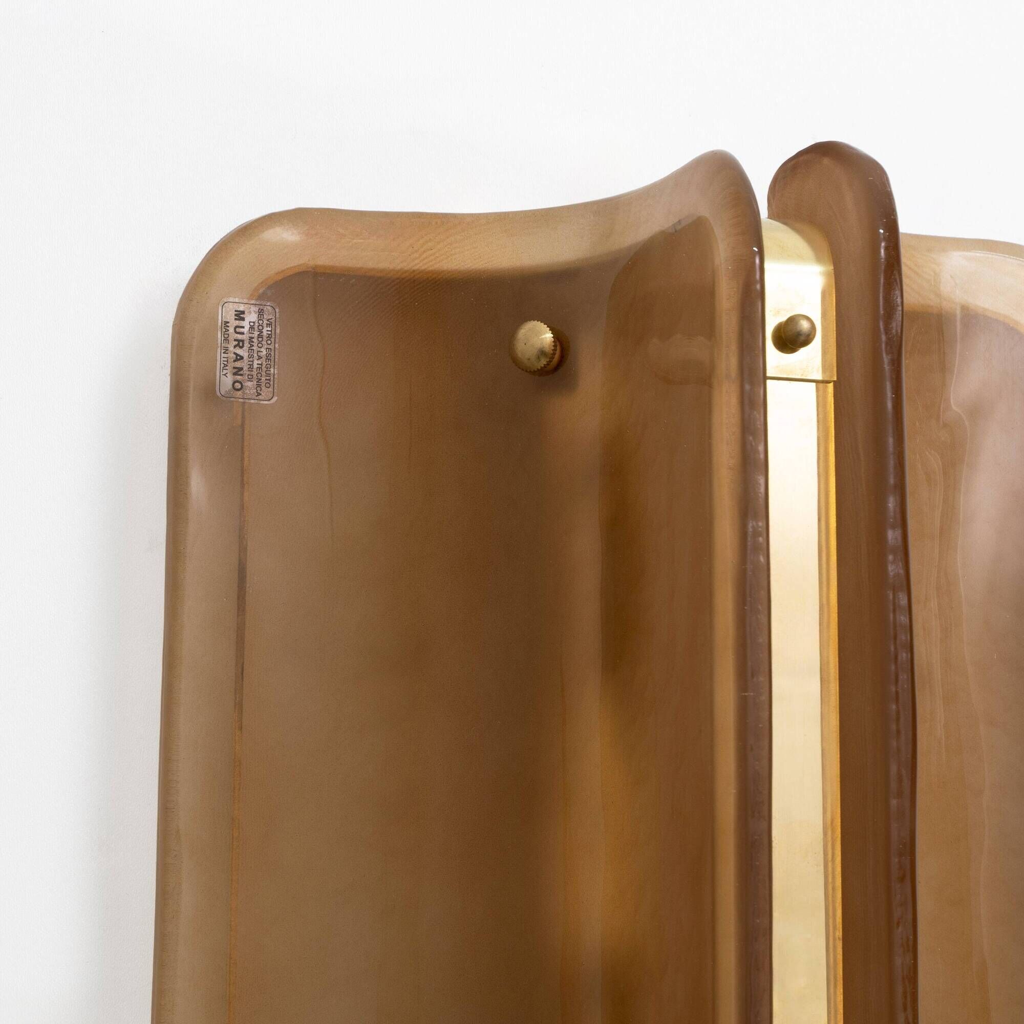 Pair of Big Curved Amber Murano Glass and Brass Wall Sconces