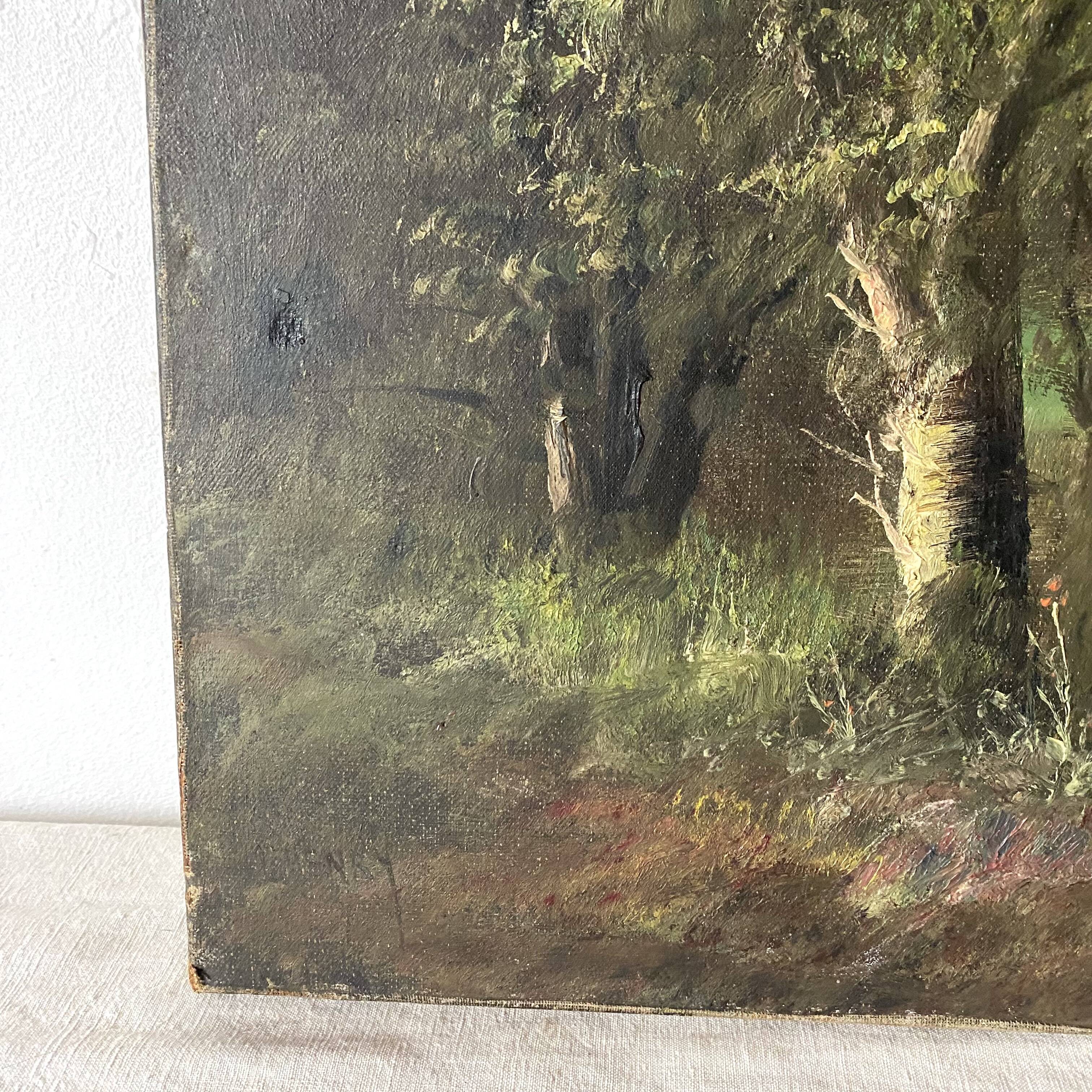 Old canvas painting at the water's edge, boat