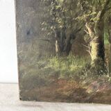 Peinture sur toile ancienne au bord de l'eau ,  barque