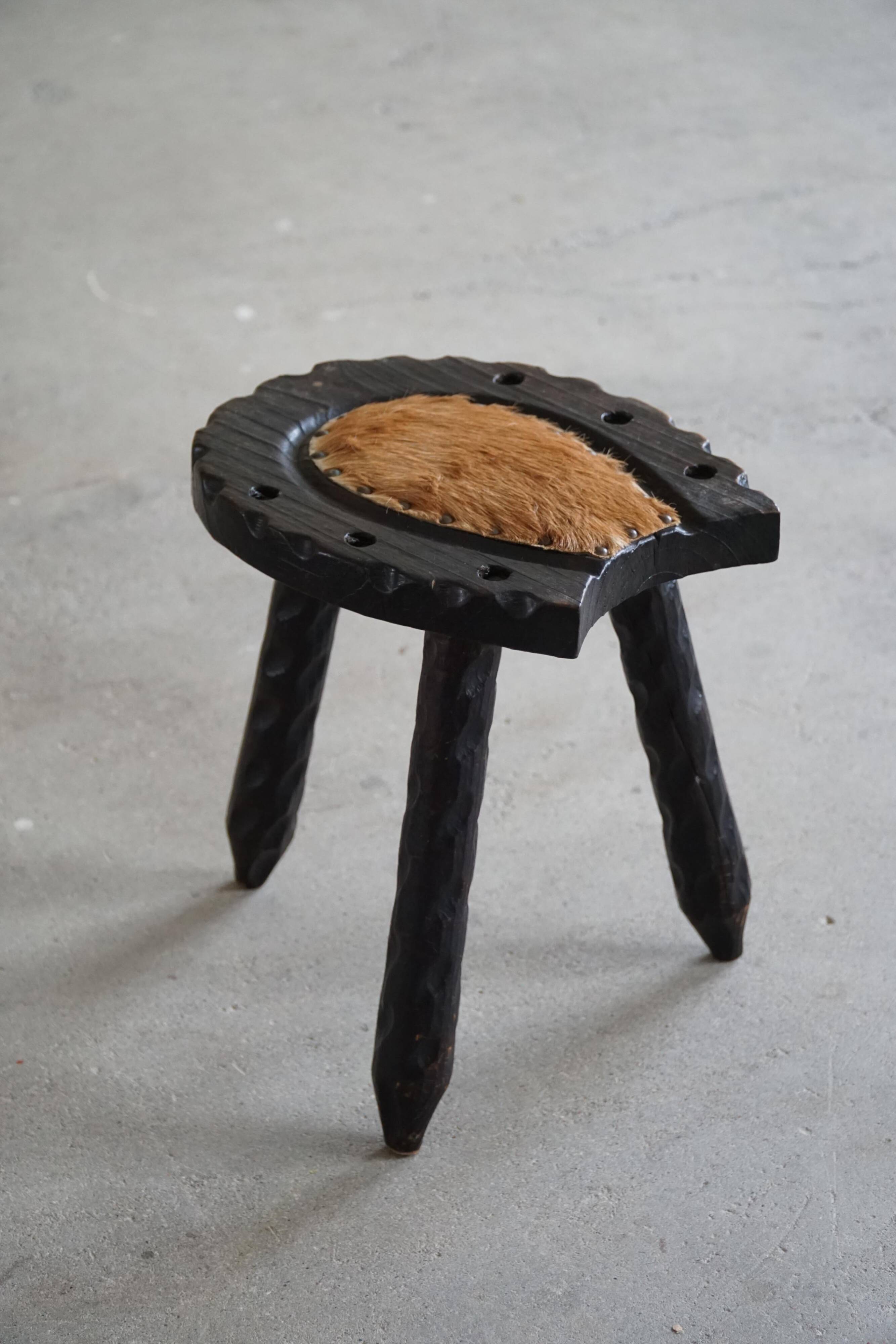 Swedish tripod stool in pine and cowhide, Wabi Sabi, 1950s