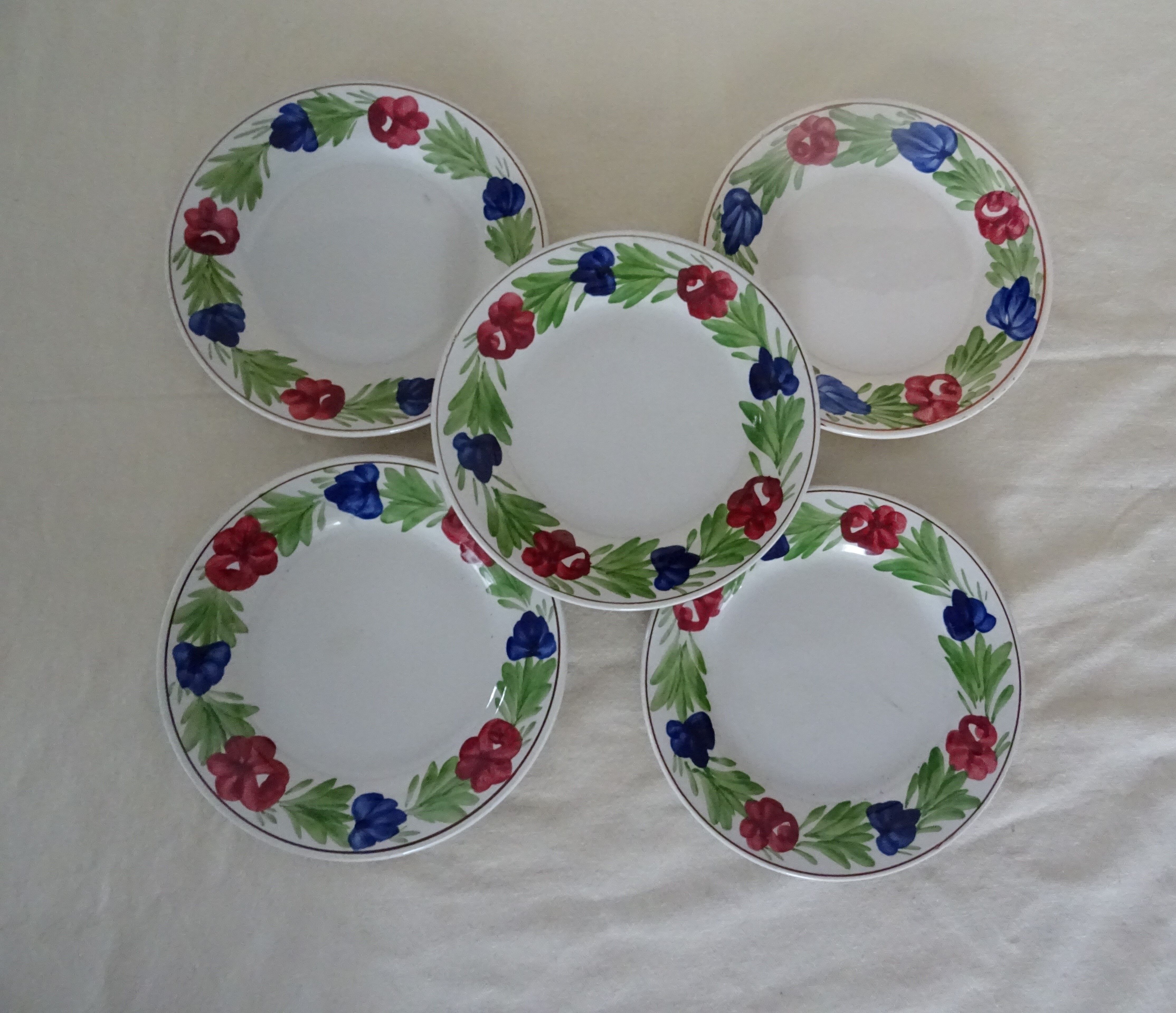 5 plates Luneville Badonviller old faience 385012 red flowers