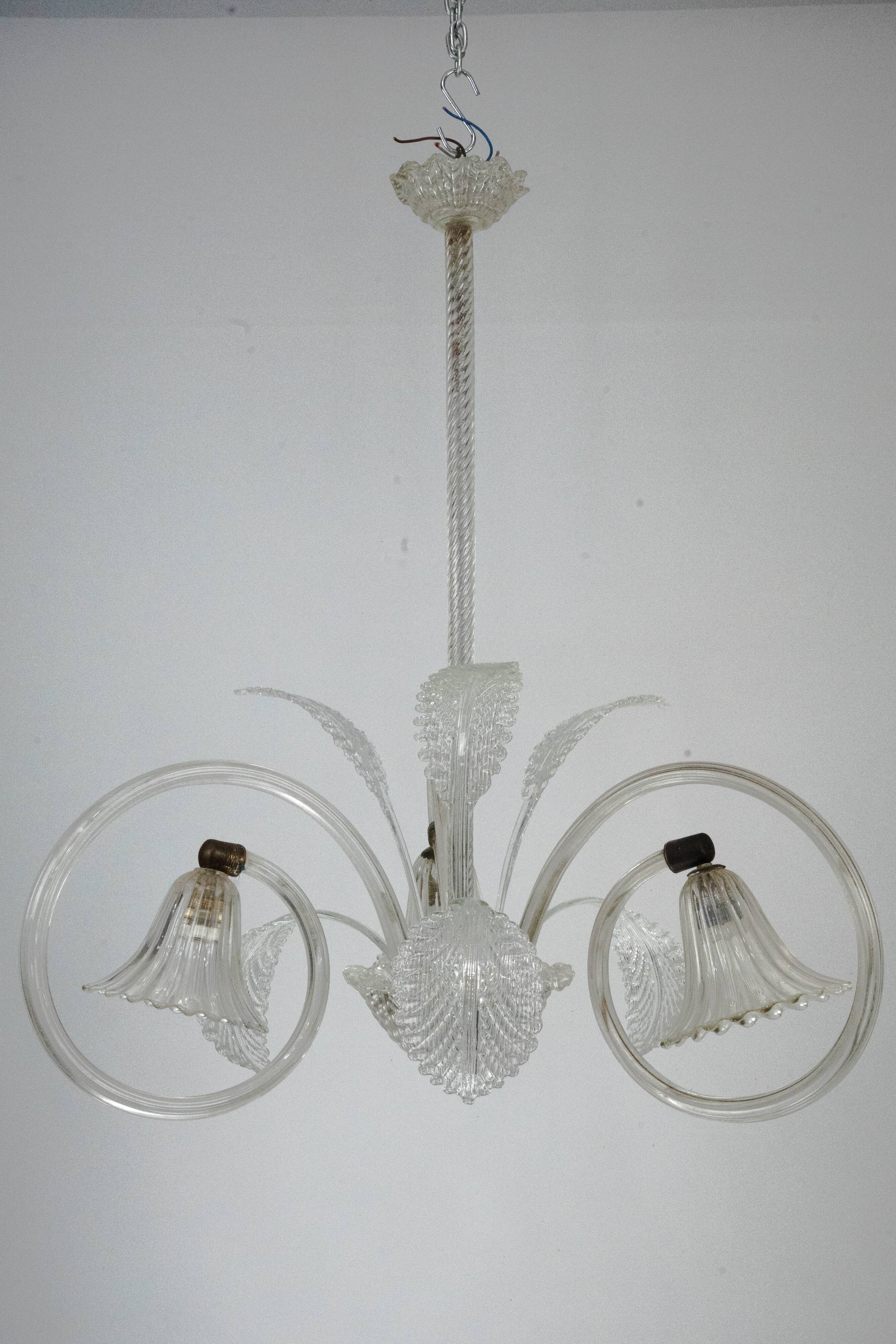 Art Deco Murano Glass Three-Arm Chandelier, Italy, 1940s