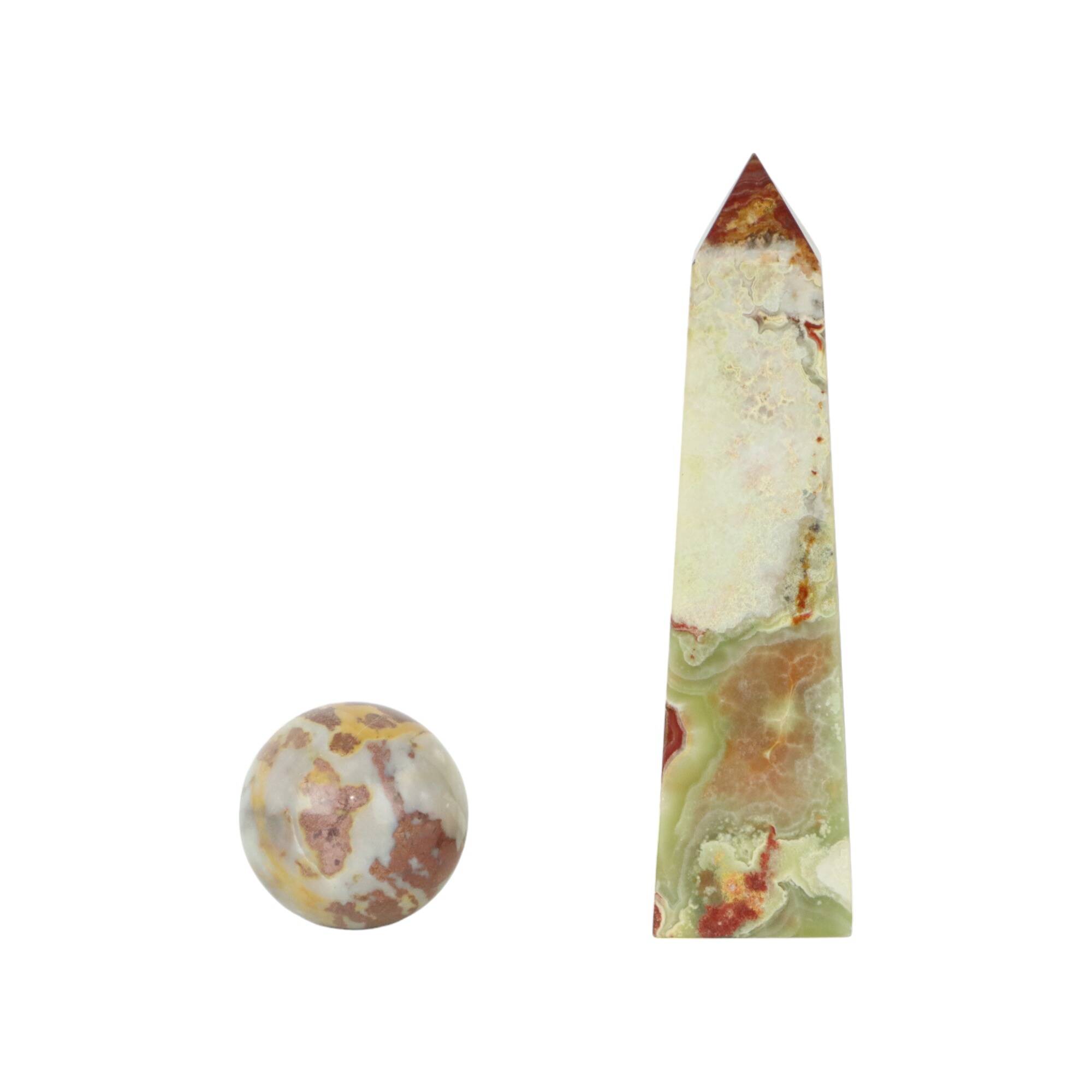 Veined onyx marble obelisk and polished sphere paperweight