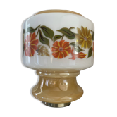 Unique table lamp with opaline globe, vintage 70s floral frieze.