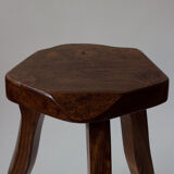 Brutalist tripod stool in solid elm mid-20th century