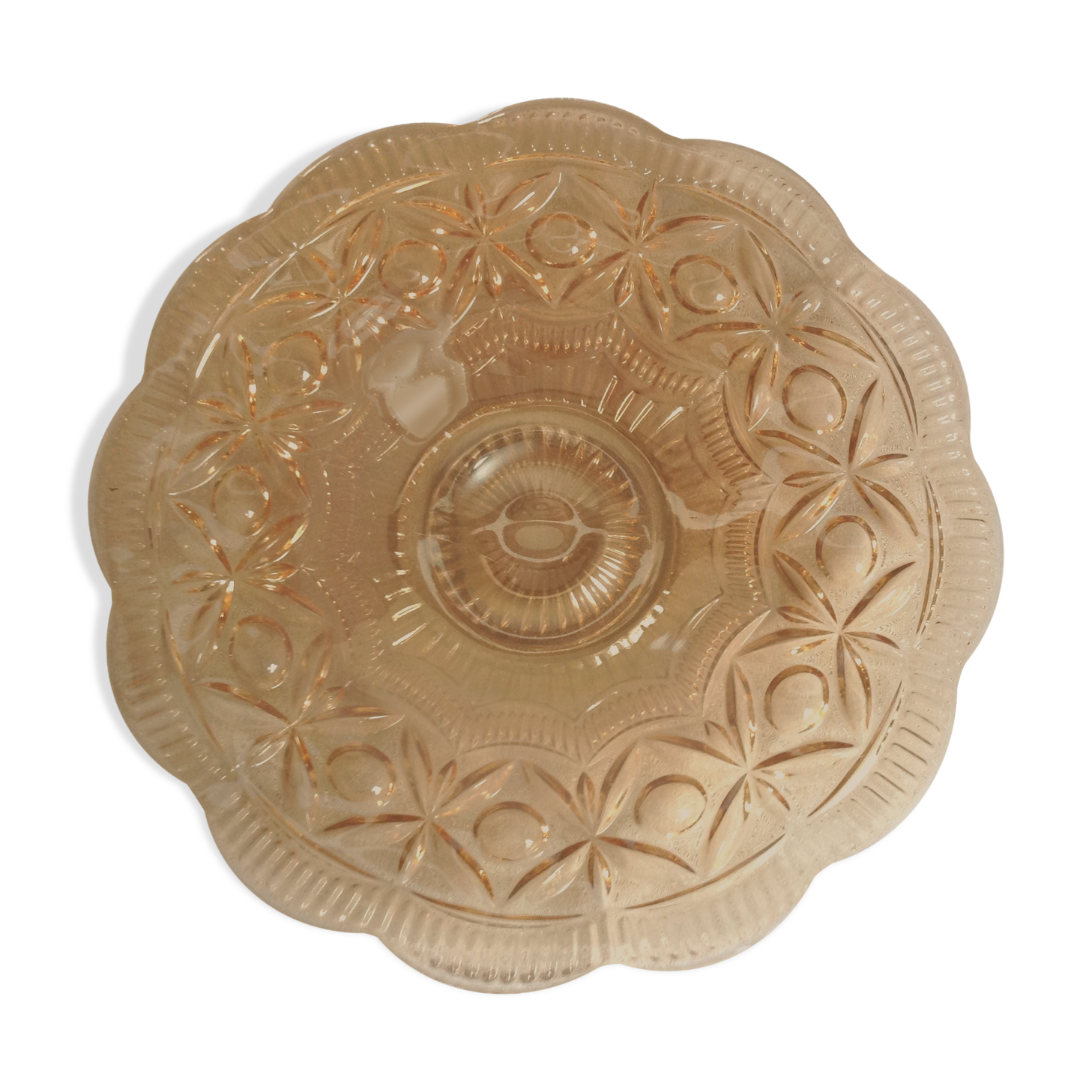 Coupe plate en verre ciselé rose ambré des années 50-60