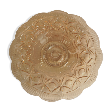Coupe plate en verre ciselé rose ambré des années 50-60