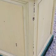 Late 19th century grocery counter in green and yellow patina painted wood
