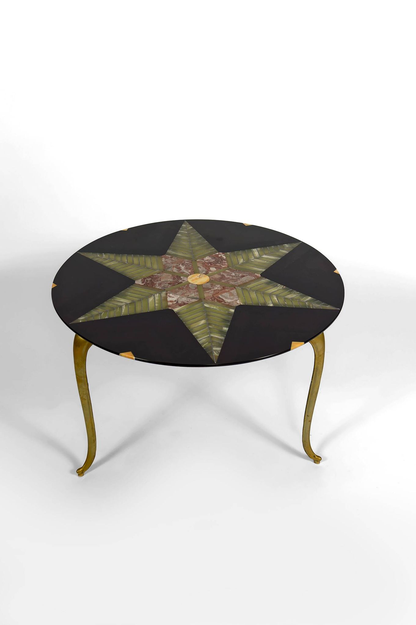 Exceptional coffee table in bronze and marble marquetry, c. 1960