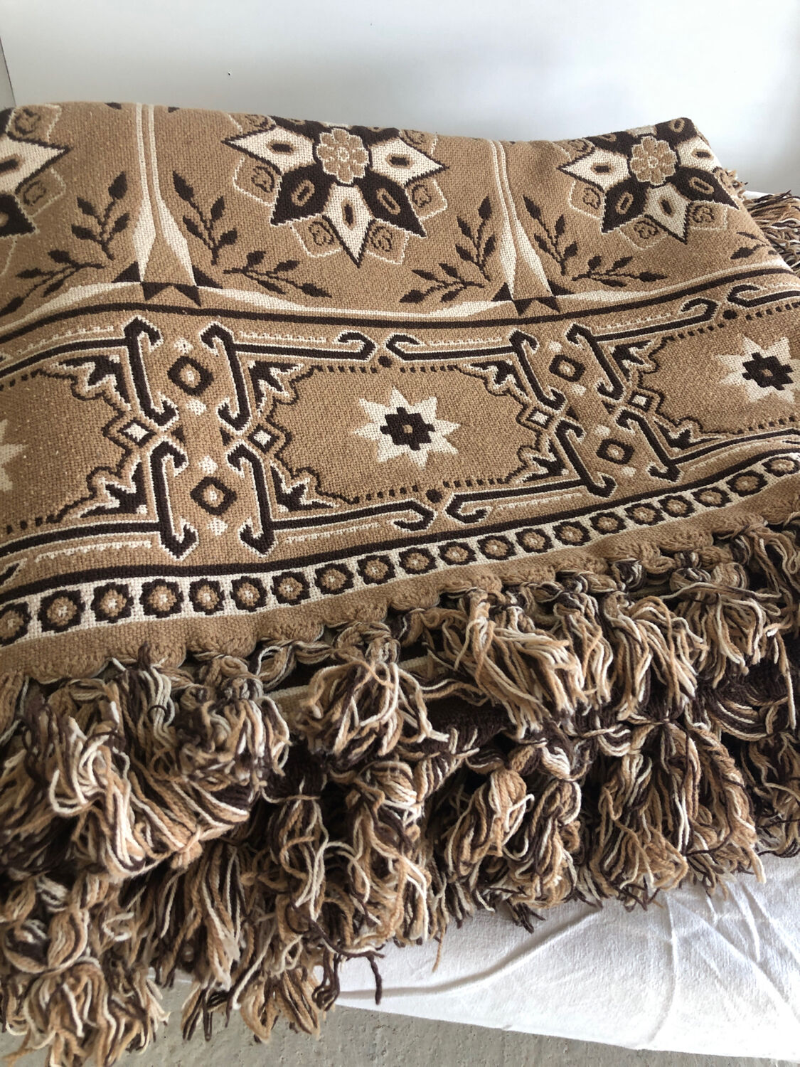 Vintage handmade beige and brown bedspread with fringes