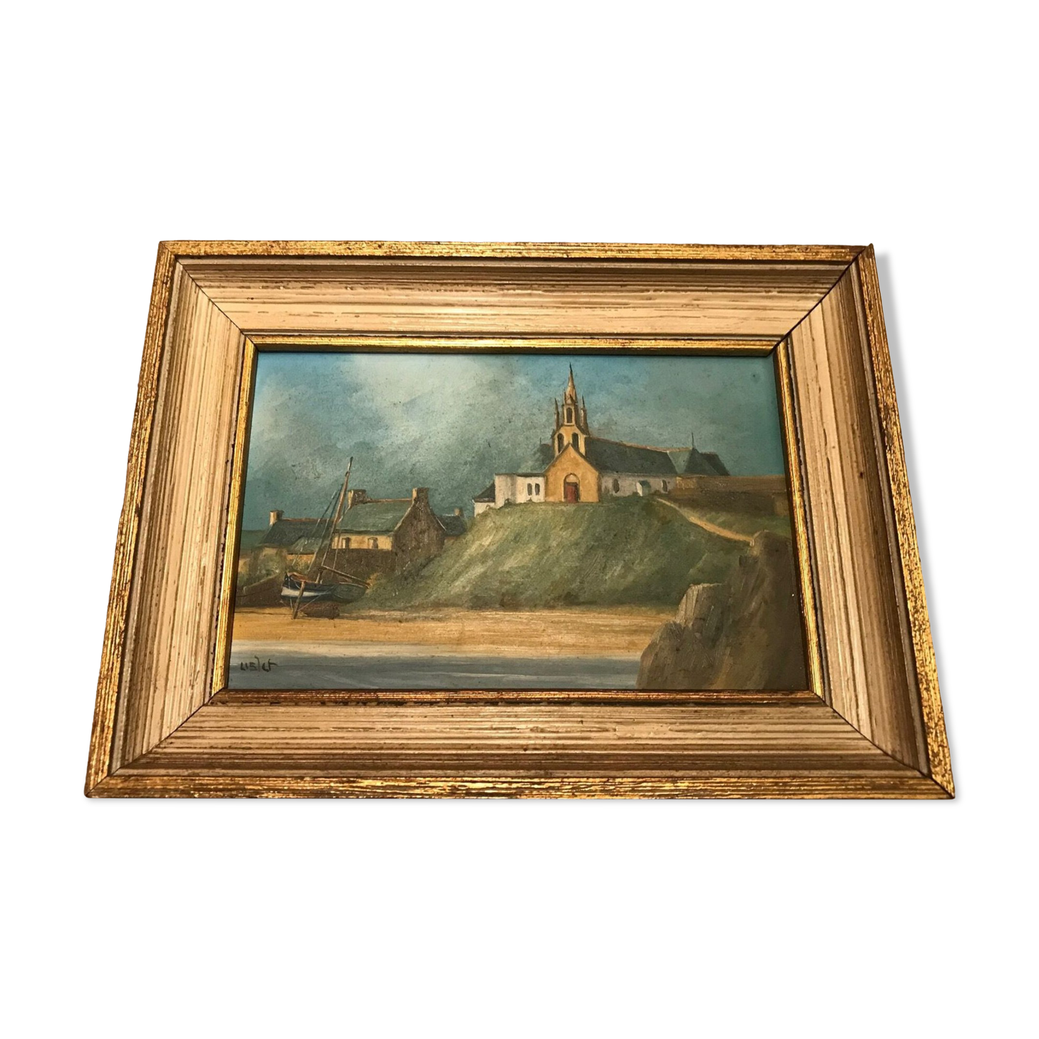 Oil painting marine style chapel of poulgoazec signed lislet