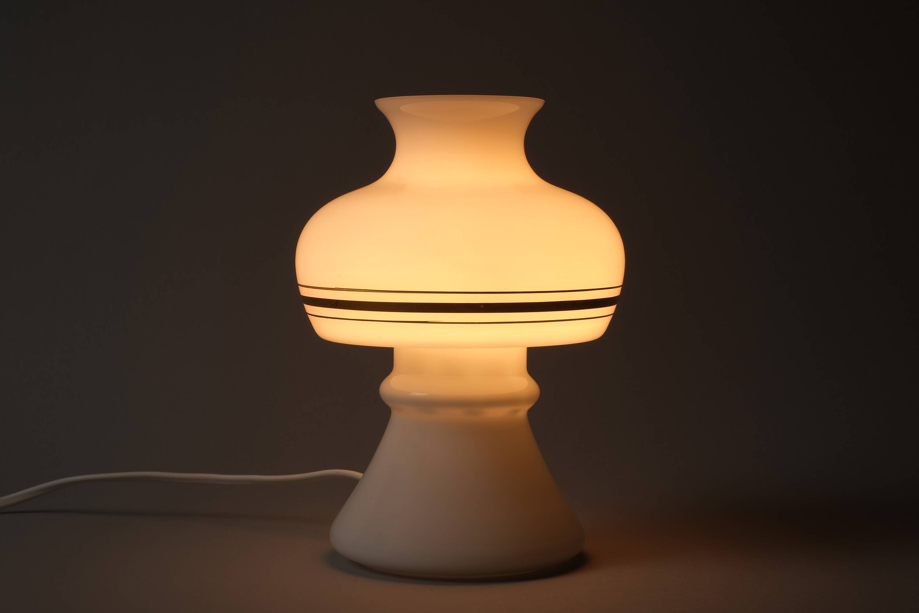 Flygsfors Orrefors White Opaline Glass Mushroom Lamp with Golden Bands, 70s