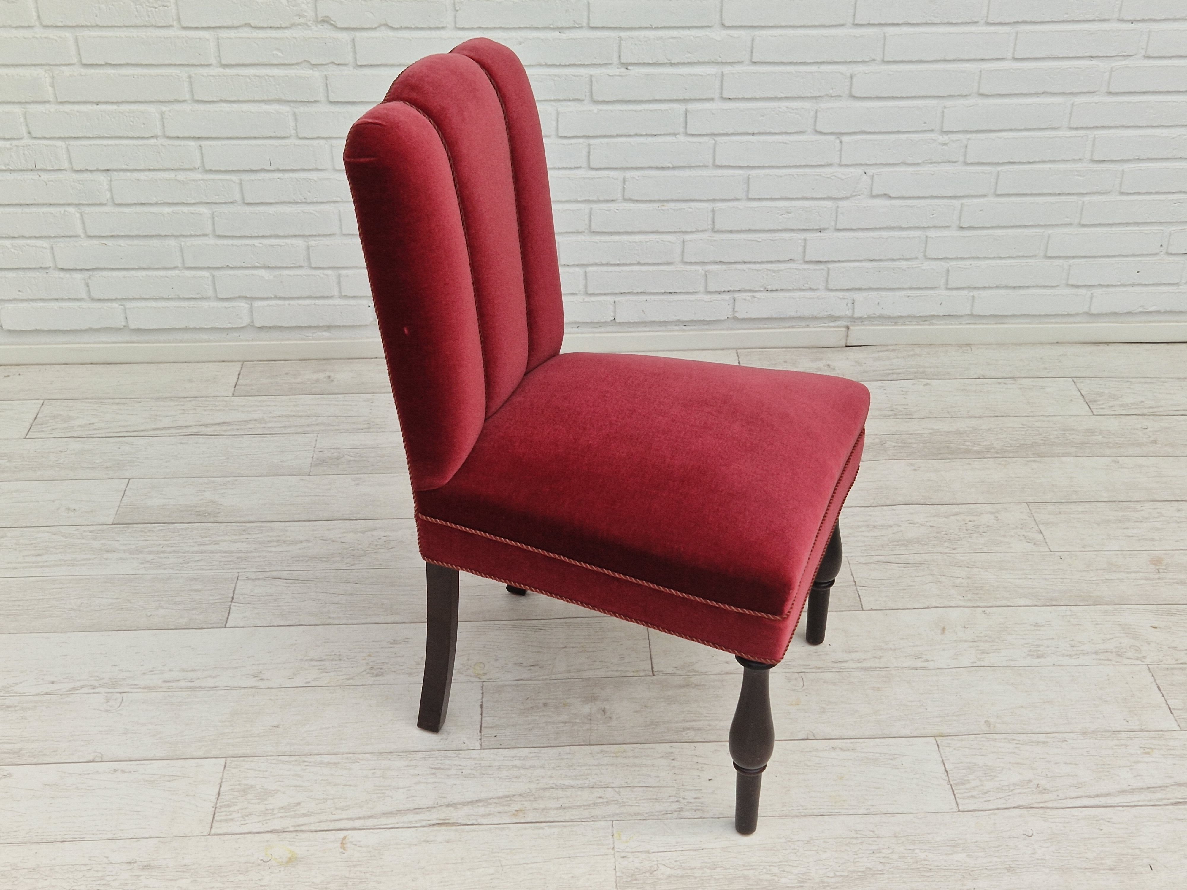 Set of 4 dinning chairs, oak wood, cherry-red velour, 1950s, danish design