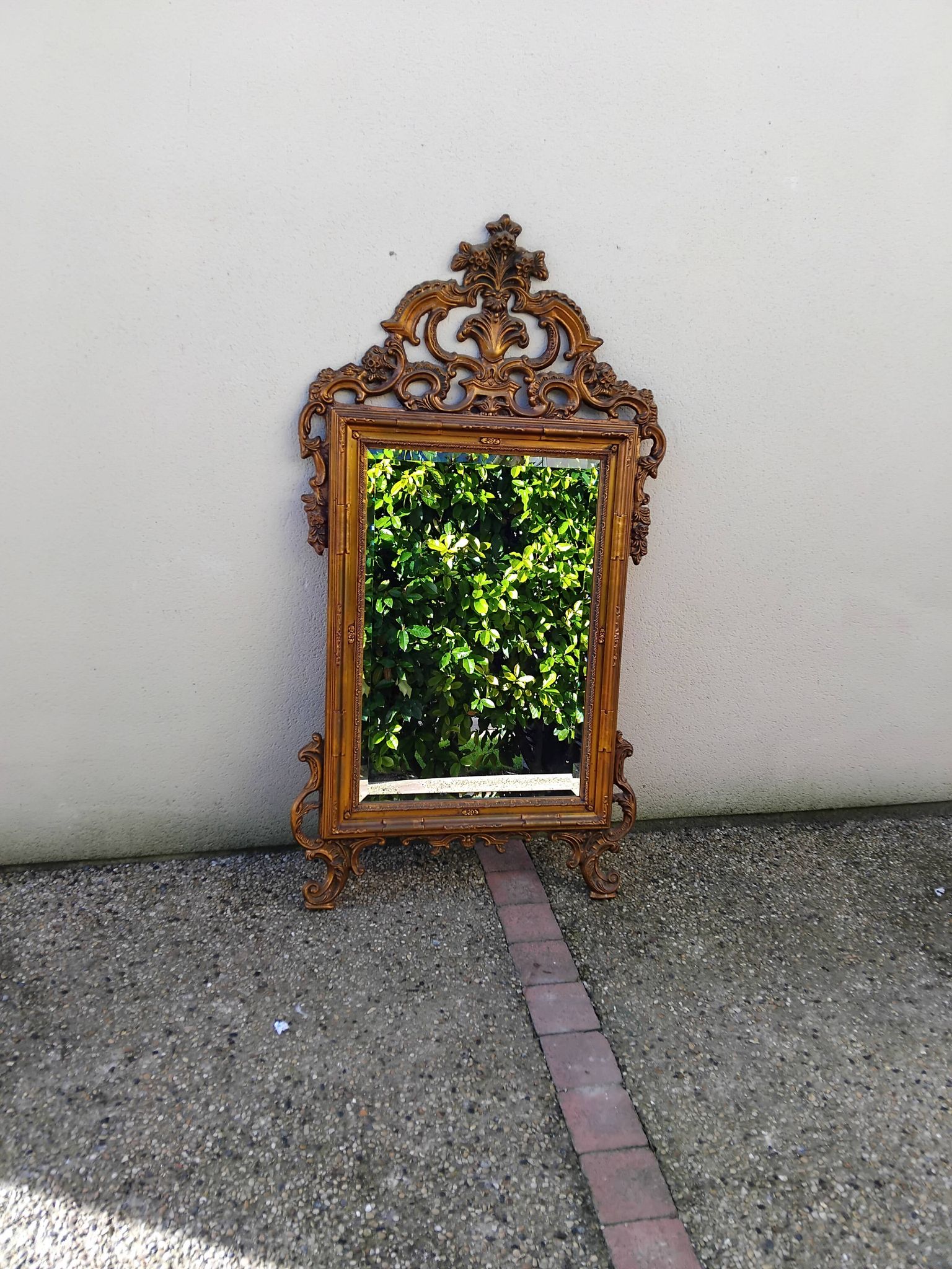 Old large Louis XV style mirror, stucco, wood, resin, beveled