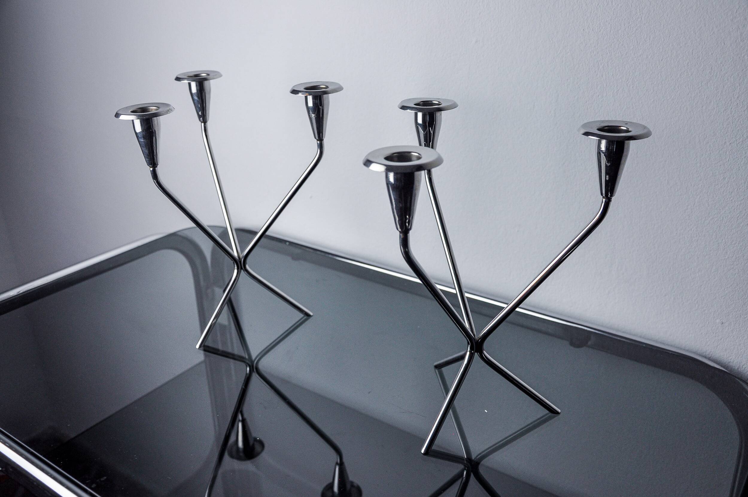 Pair of art deco stainless steel 3-flame candlesticks, Spain, 1970