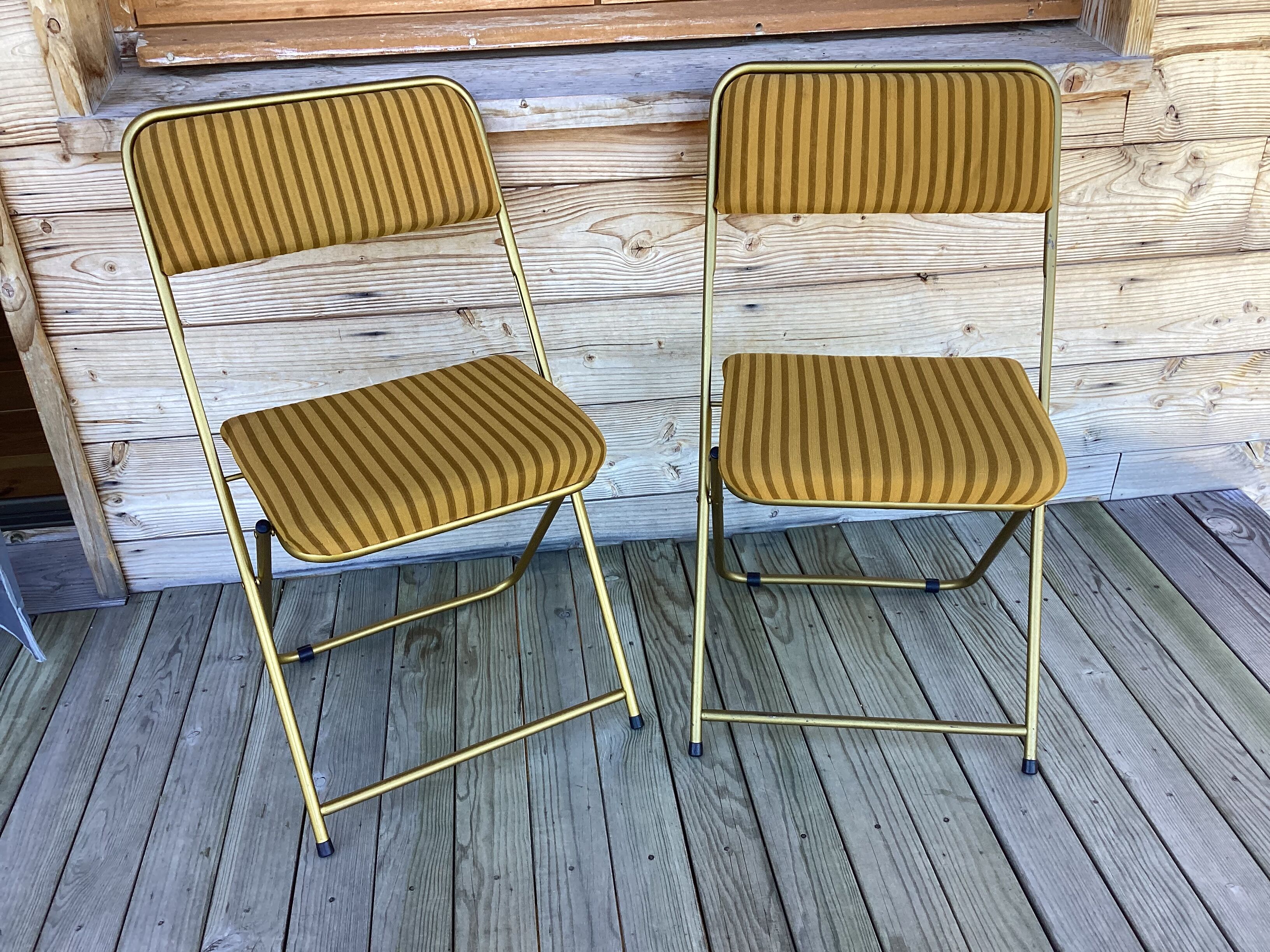 Vintage lafuma folding chair with striped gold fabric