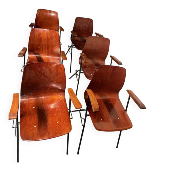 Suite de 6 fauteuils Airborne en contreplaqué moulé, années 1950