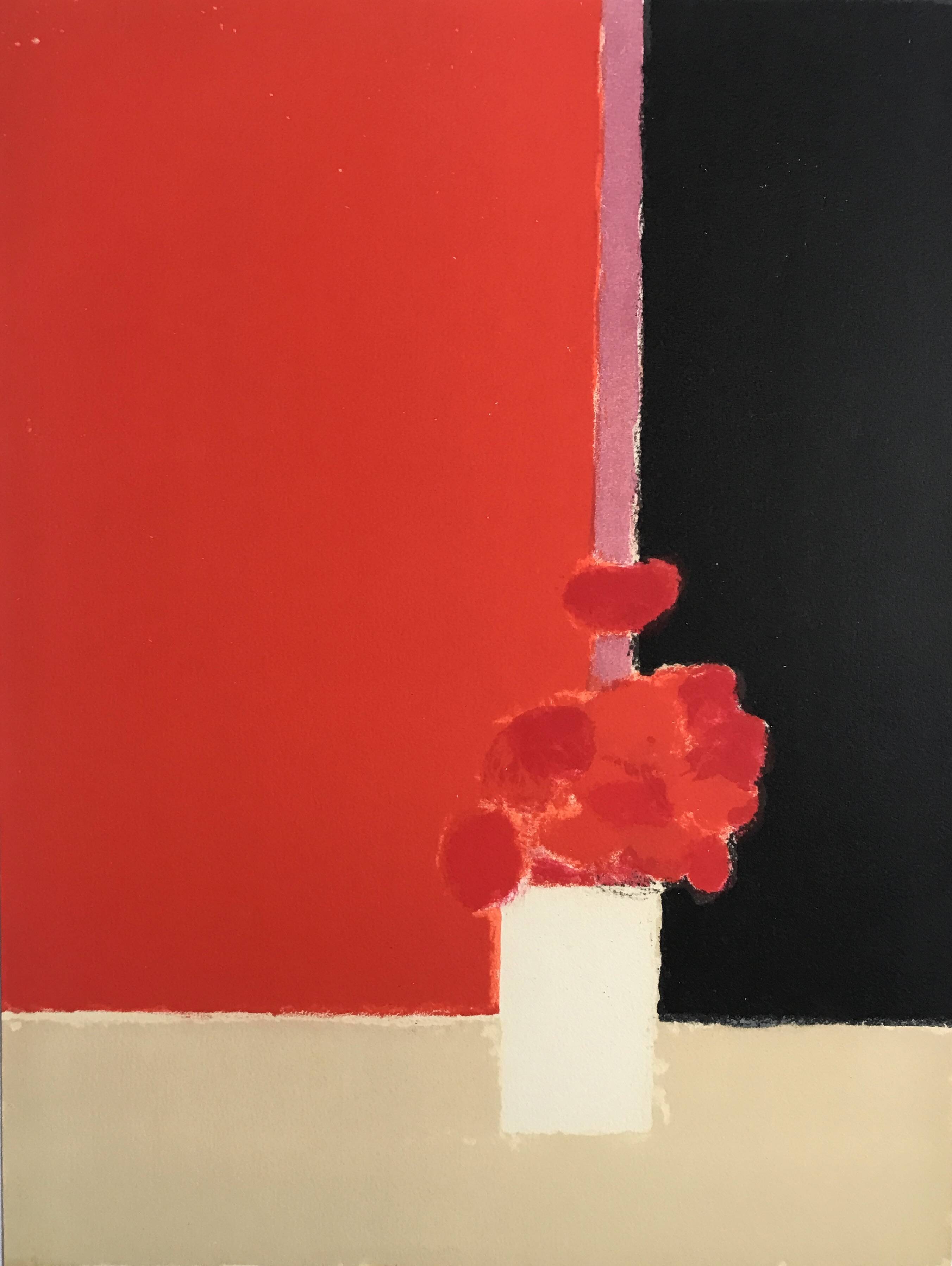 Original Tokonoma lithograph on a red and black background by Bernard Cathelin, 1988