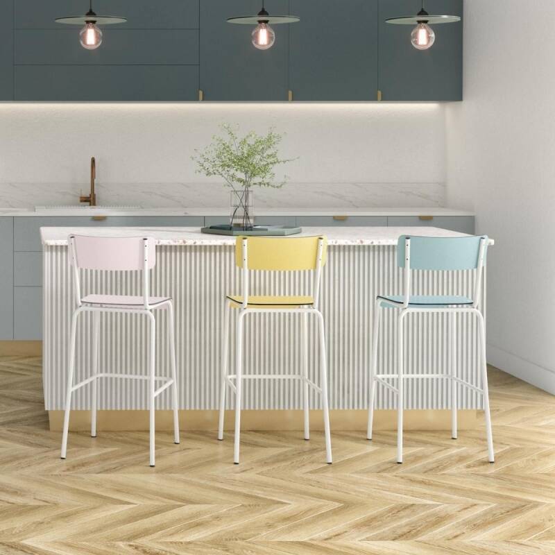 Chaise de bar design annee 50 jaune citron/blanc