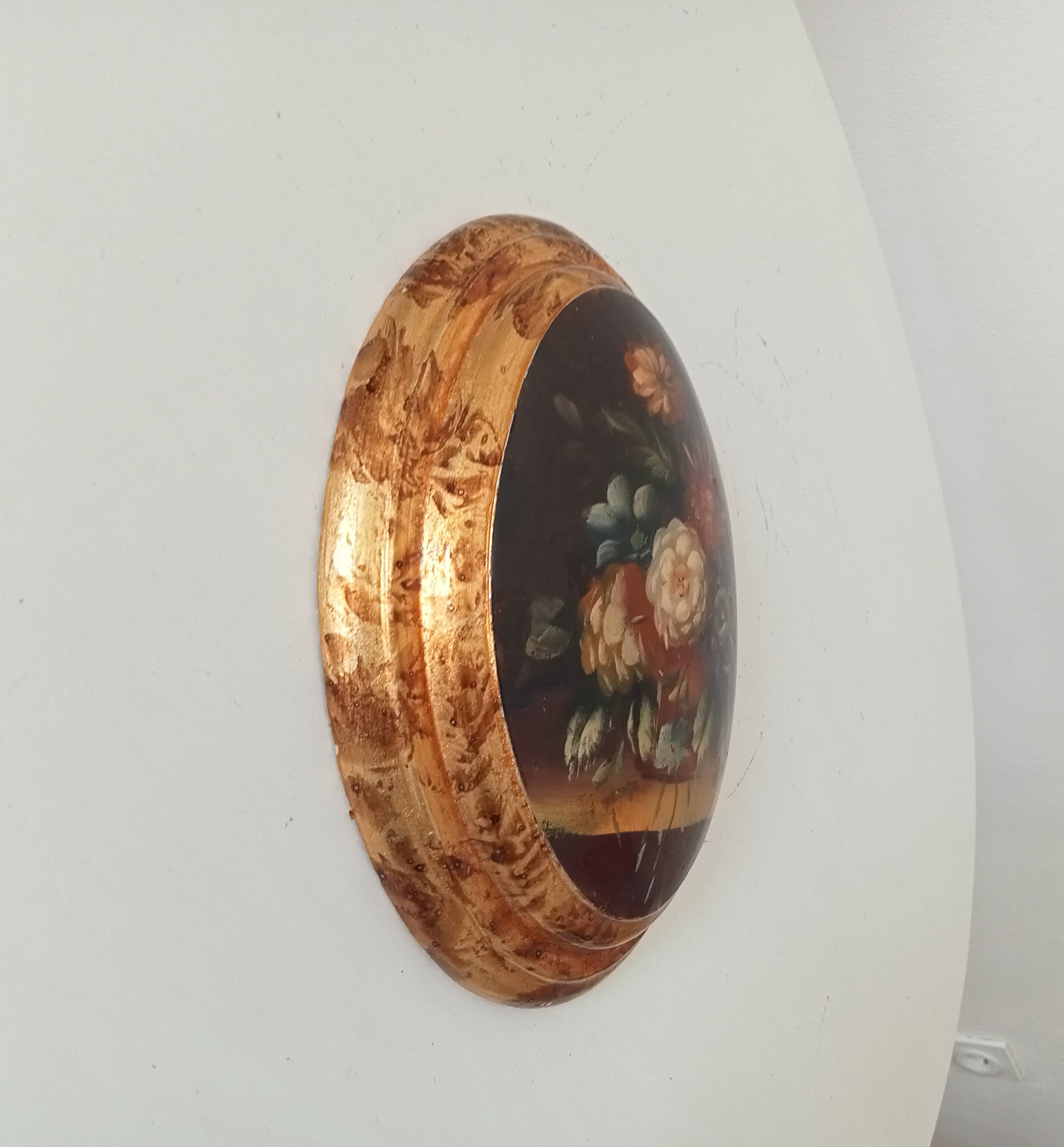 Curved frame still life lithograph on wood