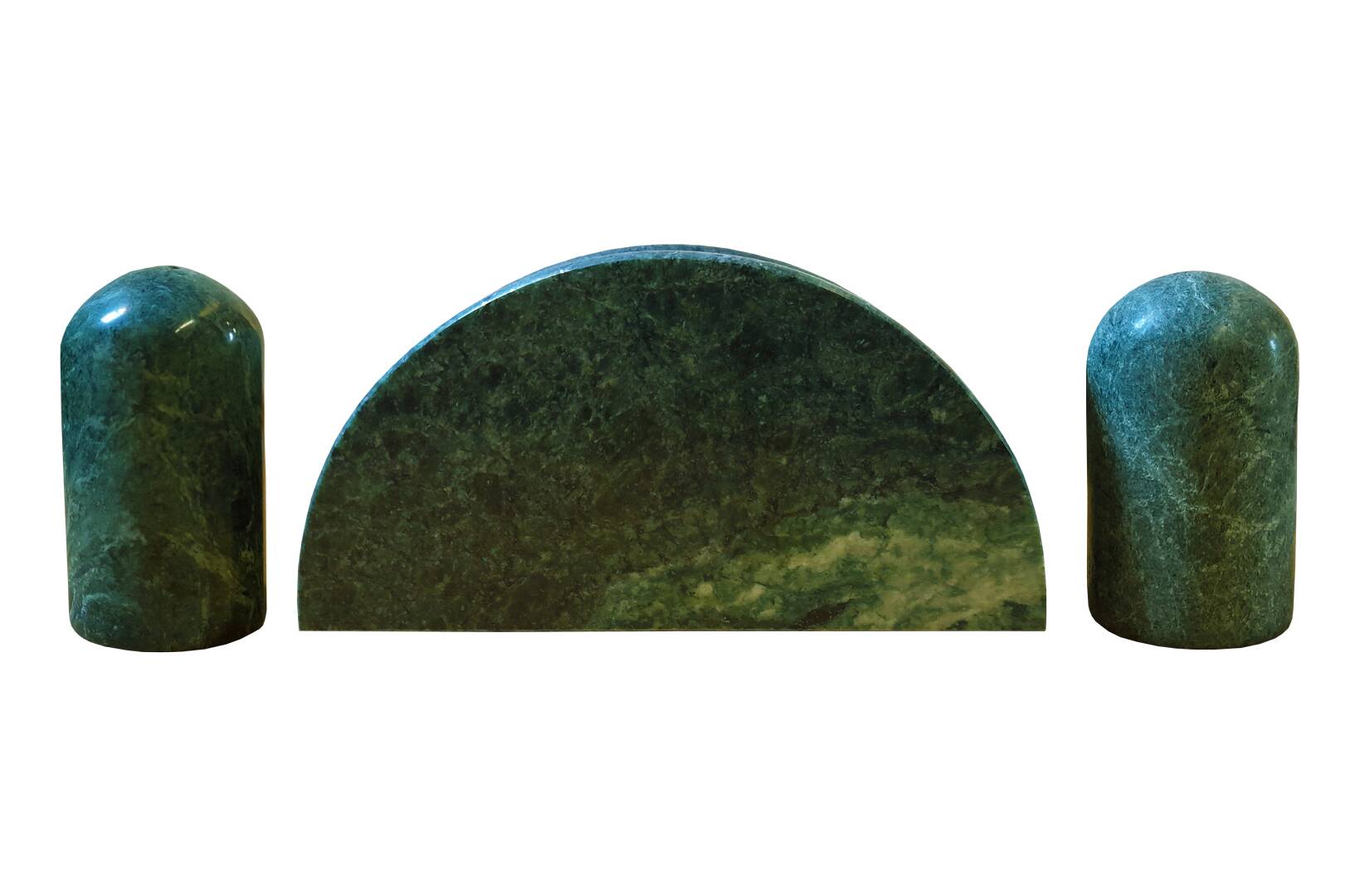 Trio of salt shakers, pepper shakers and napkin holders in green marble