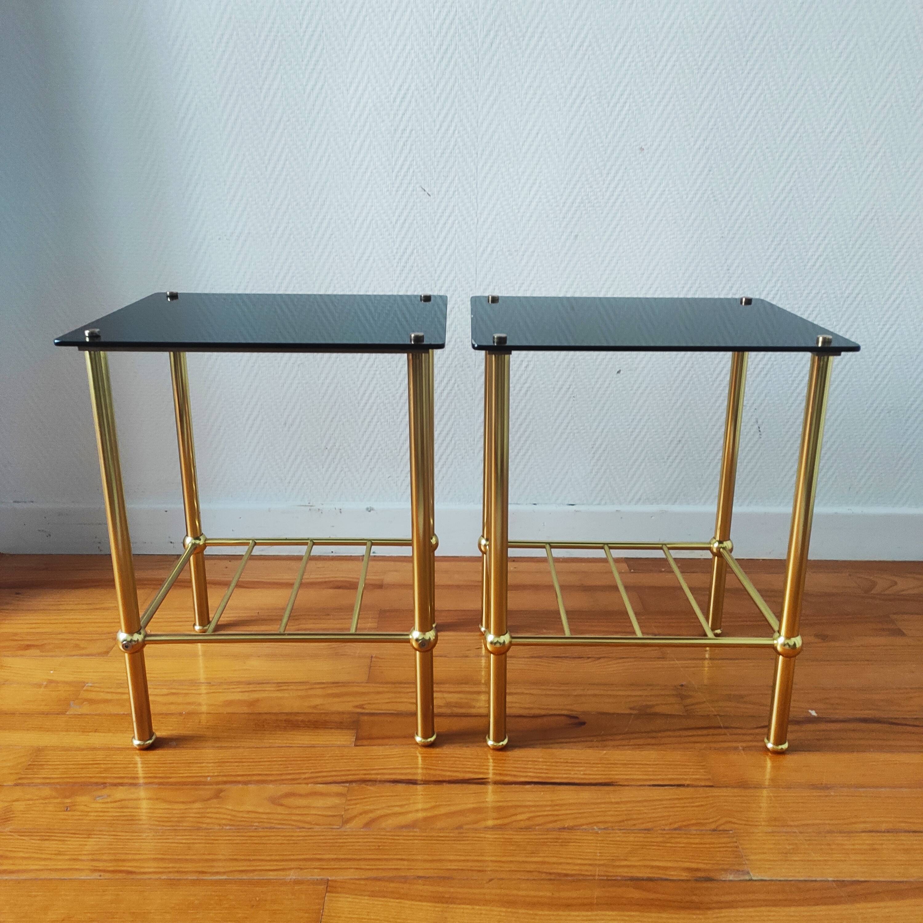 Pair of vintage 70s glass and brass sofa ends