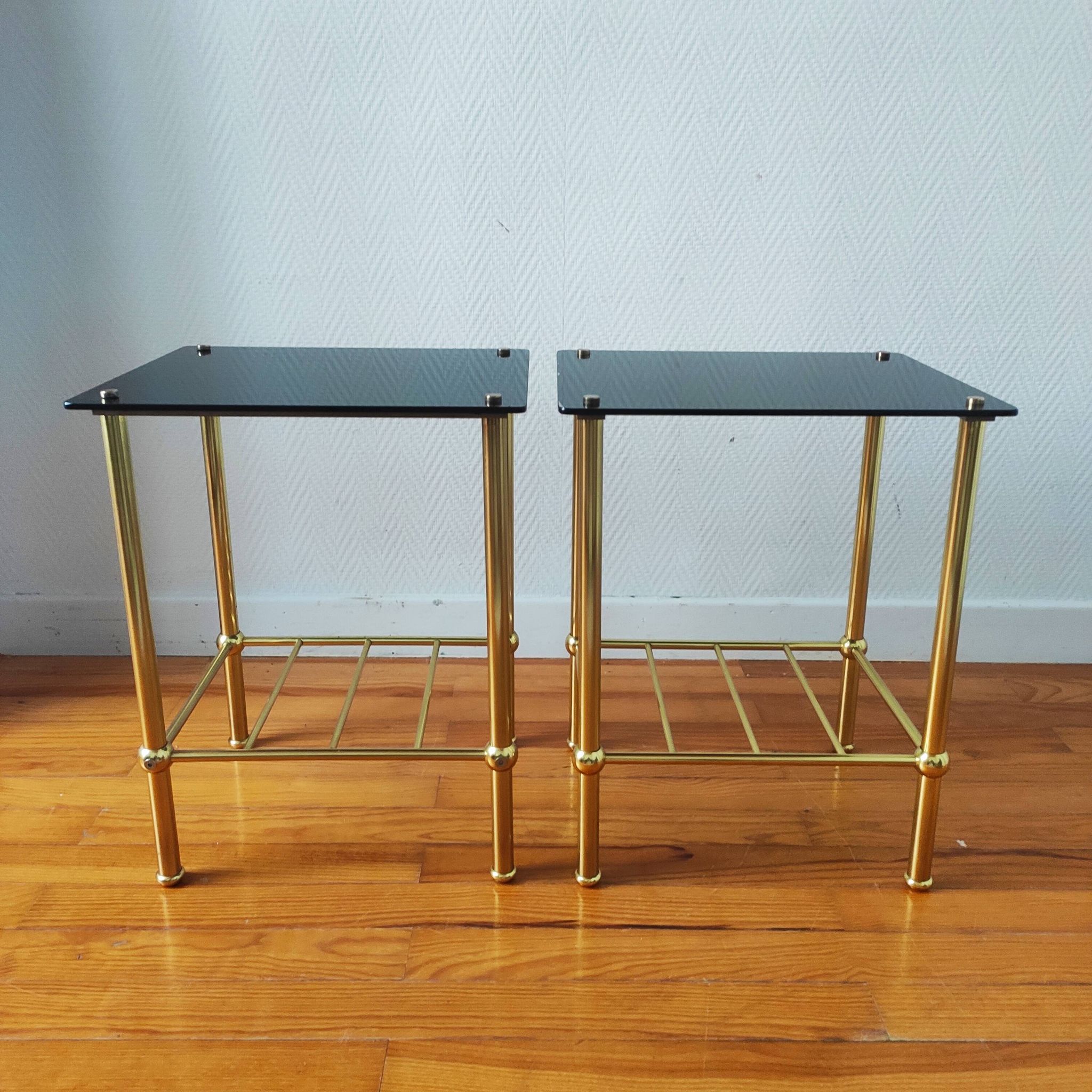 Pair of vintage 70s glass and brass sofa ends