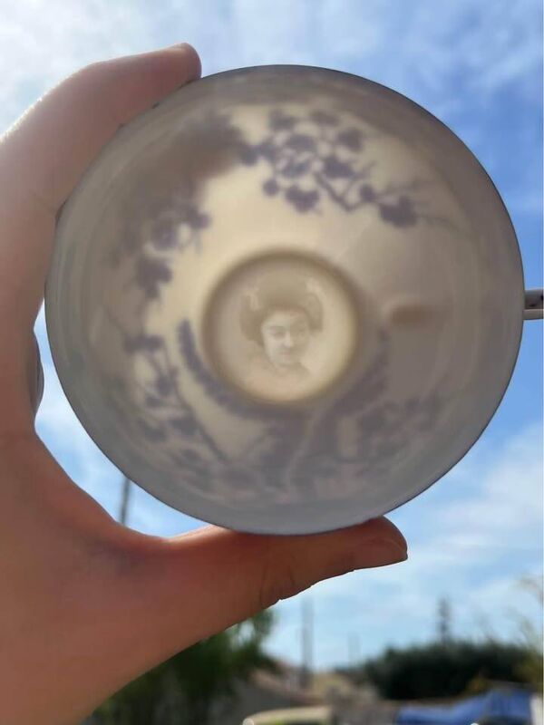 Service japonais en porcelaine lithophanie, décors floraux bleu et blanc