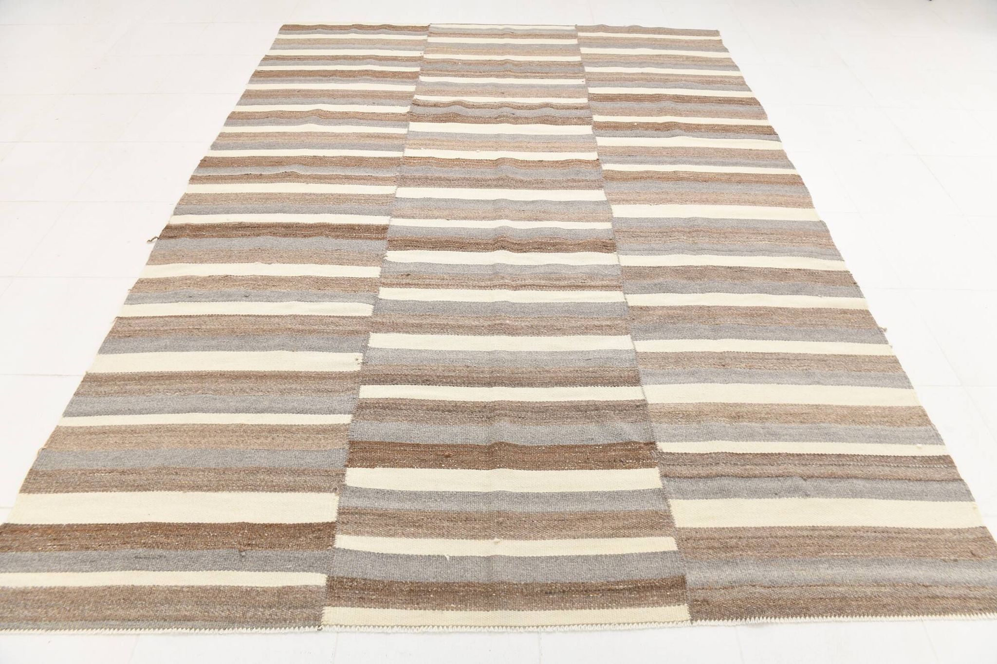 Contemporary Brown & Beige Striped Motifs Vintage Kilim Rug, 226x306Cm