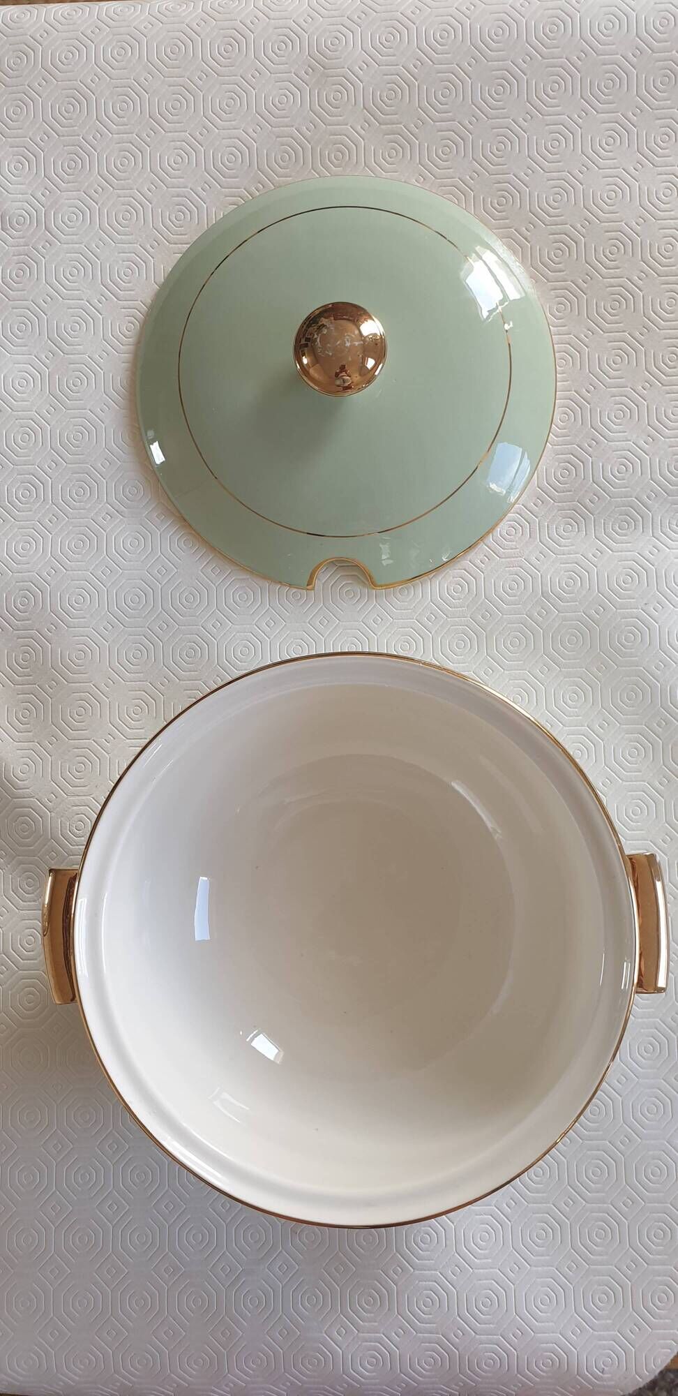 Vintage soup service in celadon green and ivory by villeroy & boch.