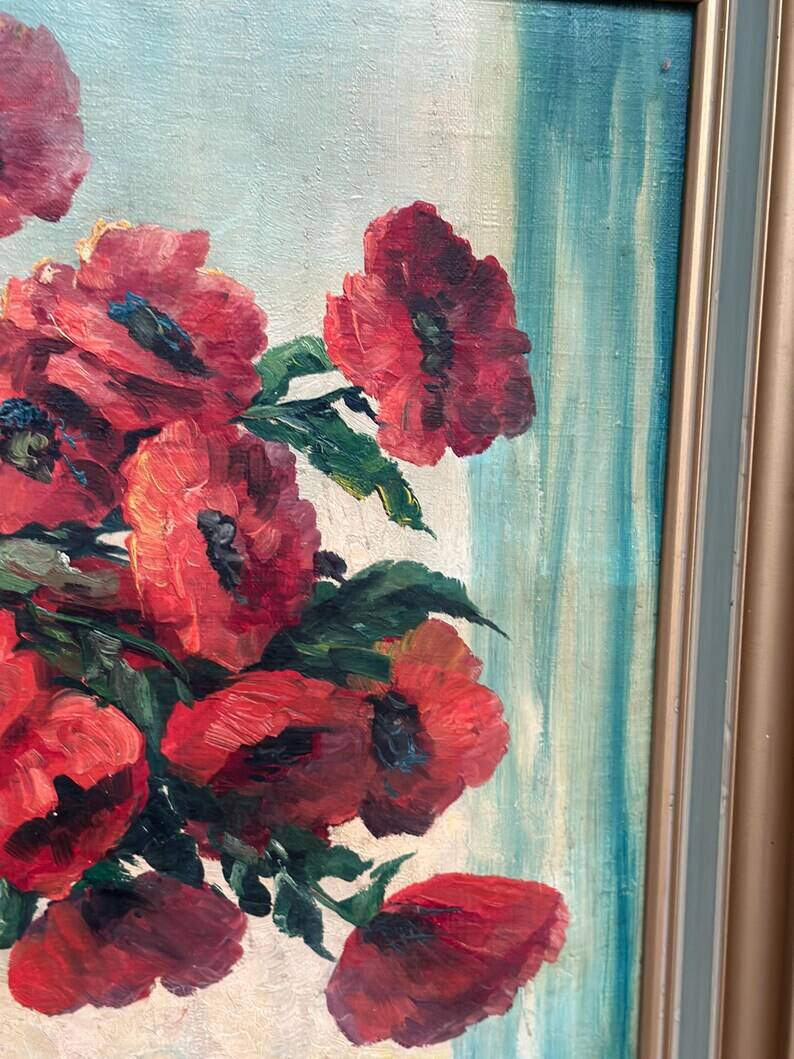 Original Swedish Oil on Canvas – "Red Poppies in a Blue Vase" by C. Horst – Signed – Vintage and Framed – 72 × 62 cm (28.3" × 24.4")