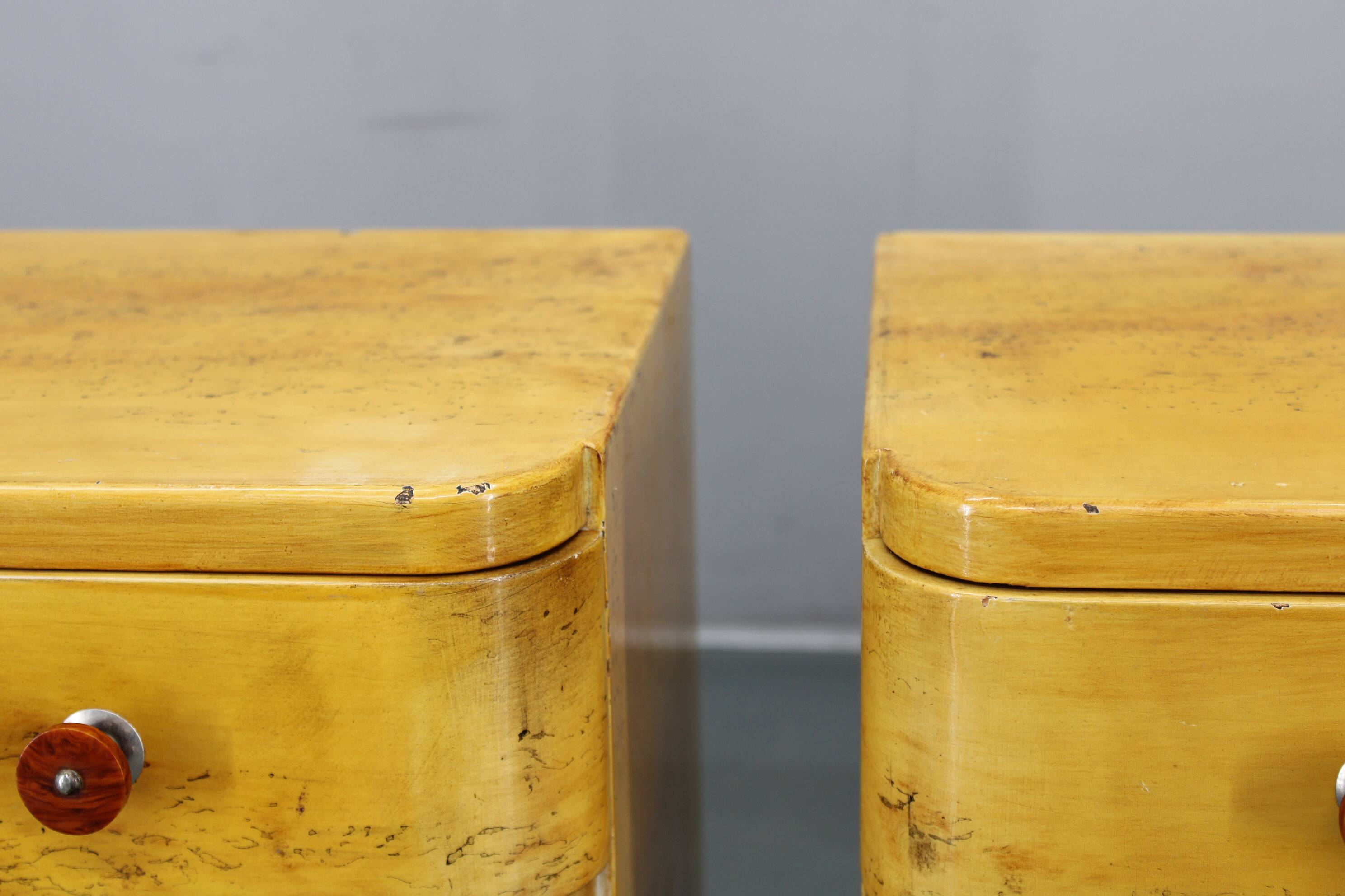 Pair of 1940s Czechoslovak Art Deco nightstands with painted maple imitation finish