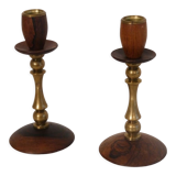 Pair of Scandinavian teak and brass candle holders